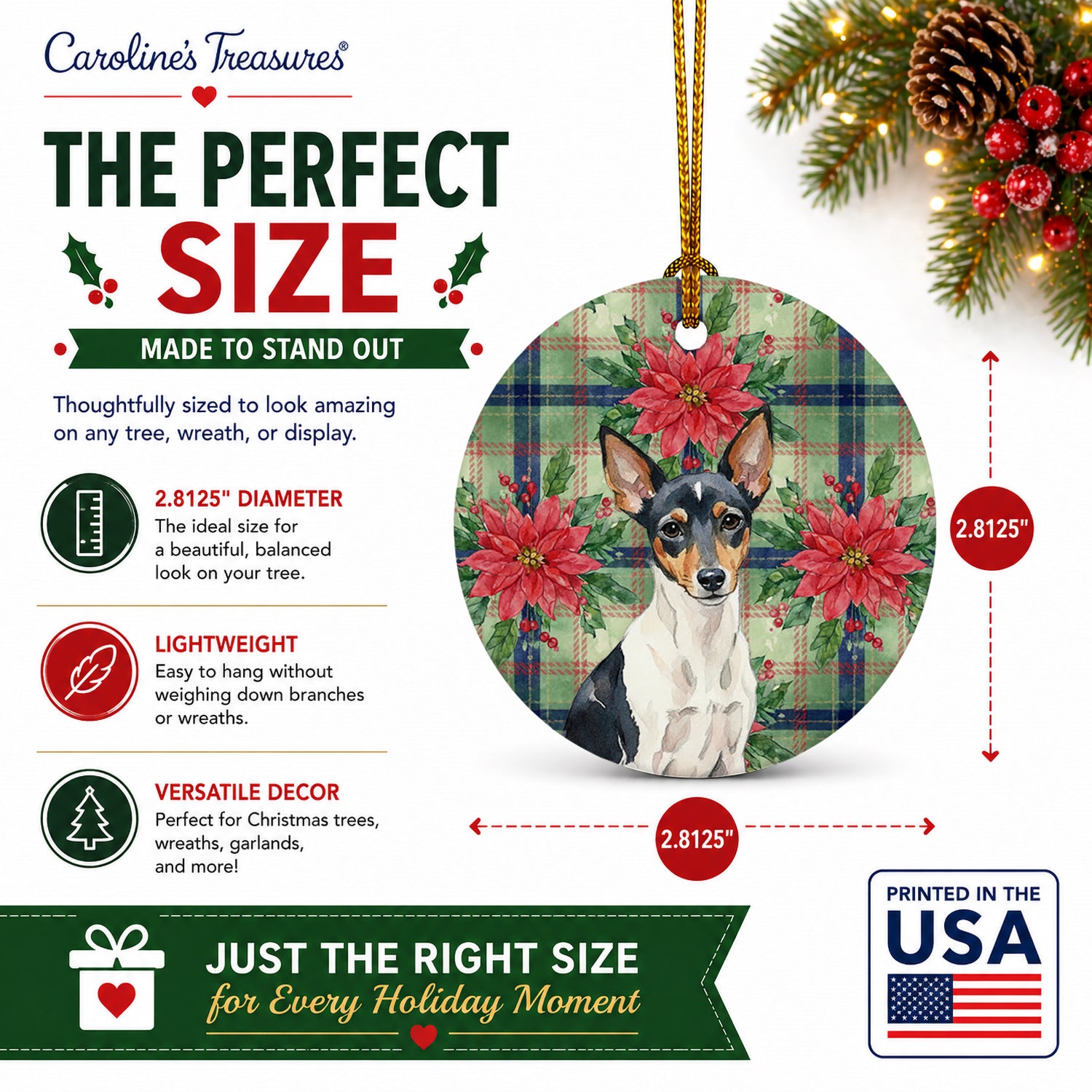 Toy Fox Terrier Christmas PoinsettIas Ceramic Ornament Christmas Tree Hanging Decorations for Home Christmas Holiday, Party, Gift, 3 in, Multicolor