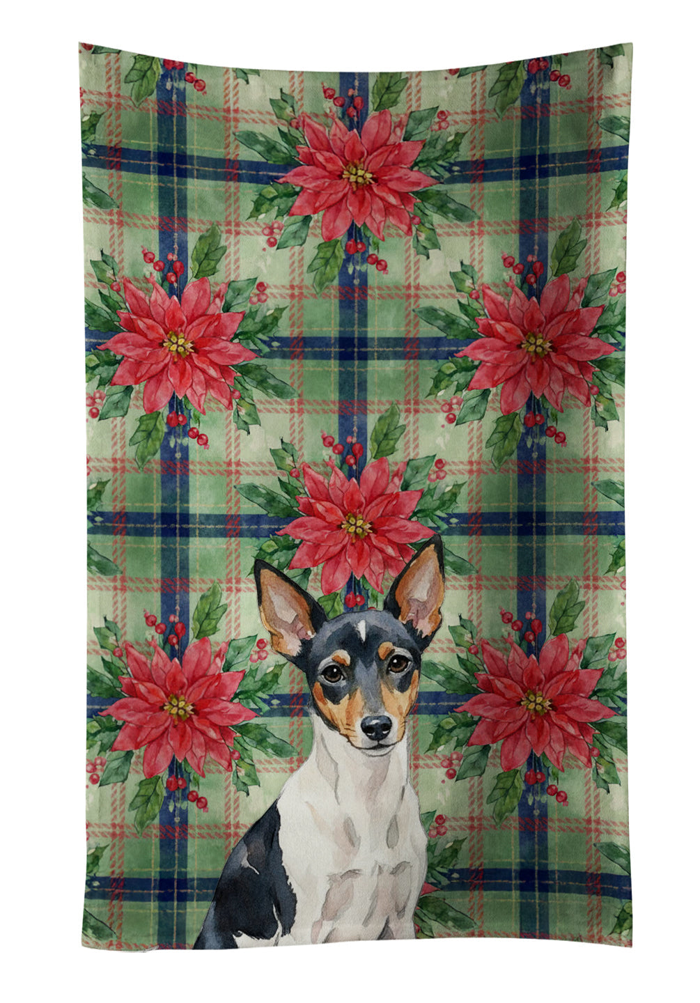 Toy Fox Terrier Christmas PoinsettIas Kitchen Towel Velour Plush Front and Cotton Loop Back Machine Washable