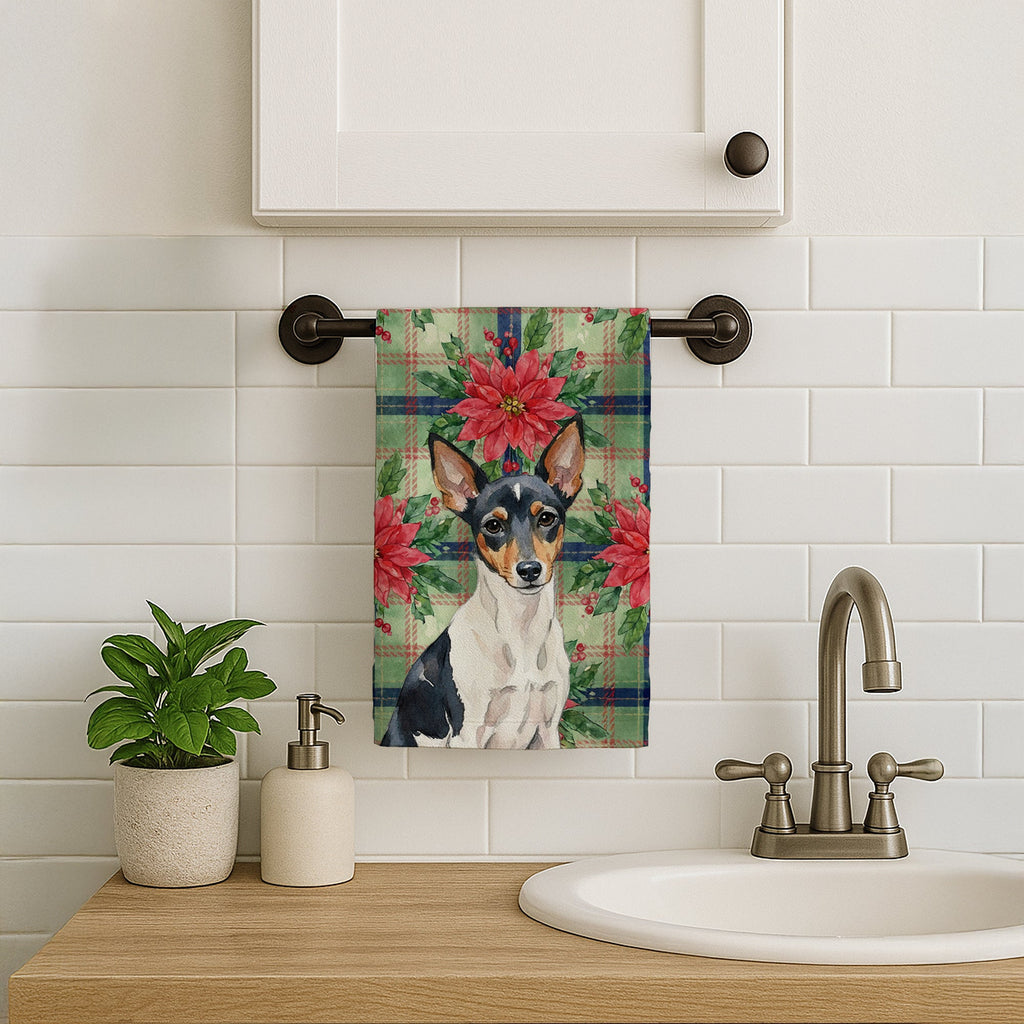 Toy Fox Terrier Christmas PoinsettIas Kitchen Towel Velour Plush Front and Cotton Loop Back Machine Washable