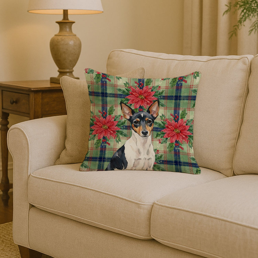Toy Fox Terrier Christmas PoinsettIas Decorative Throw Pillow 14x14 Indoor Outdoor Accent Cushion, Fabric Cover with Insert for Sofa, Bed, Porch & Living Room
