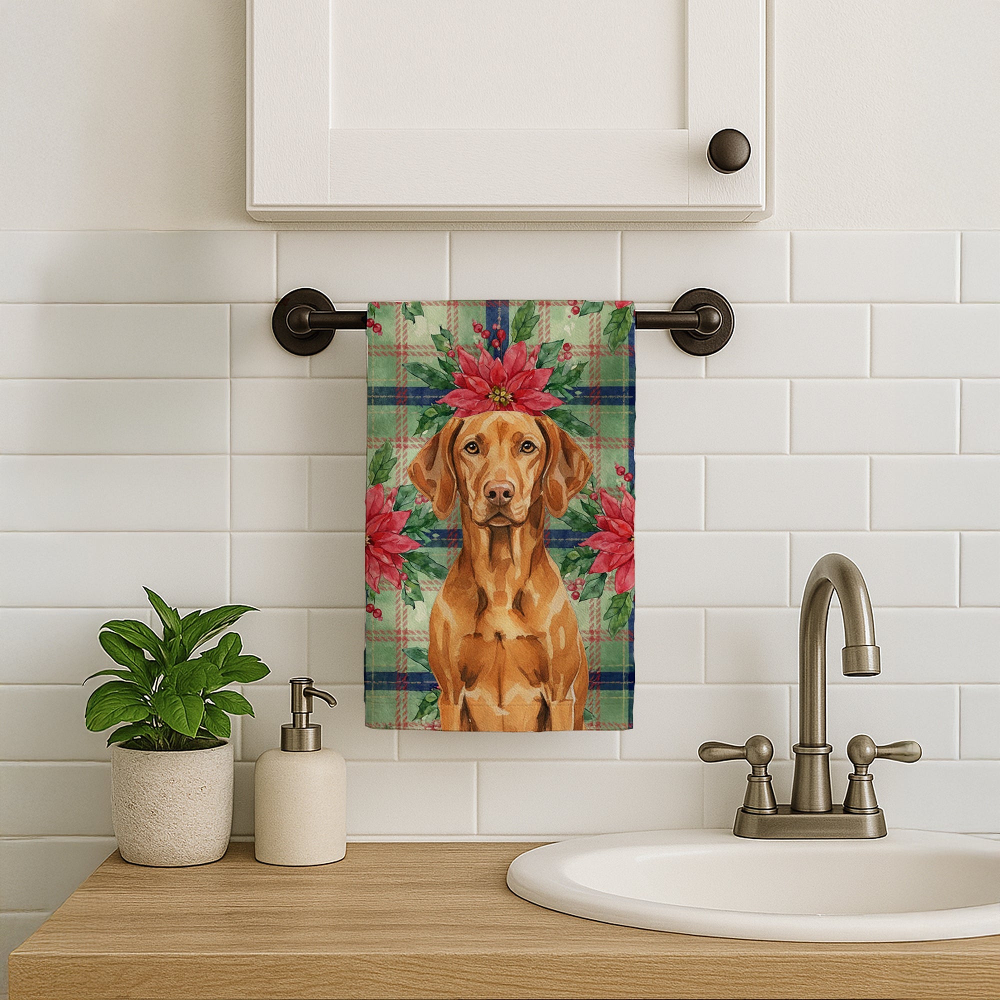 Vizsla Christmas PoinsettIas Kitchen Towel Velour Plush Front and Cotton Loop Back Machine Washable