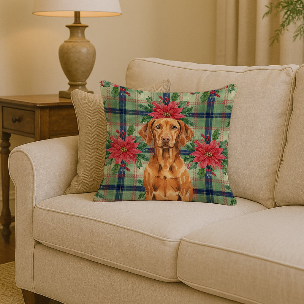 Vizsla Christmas PoinsettIas Decorative Throw Pillow 14x14 Indoor Outdoor Accent Cushion, Fabric Cover with Insert for Sofa, Bed, Porch & Living Room