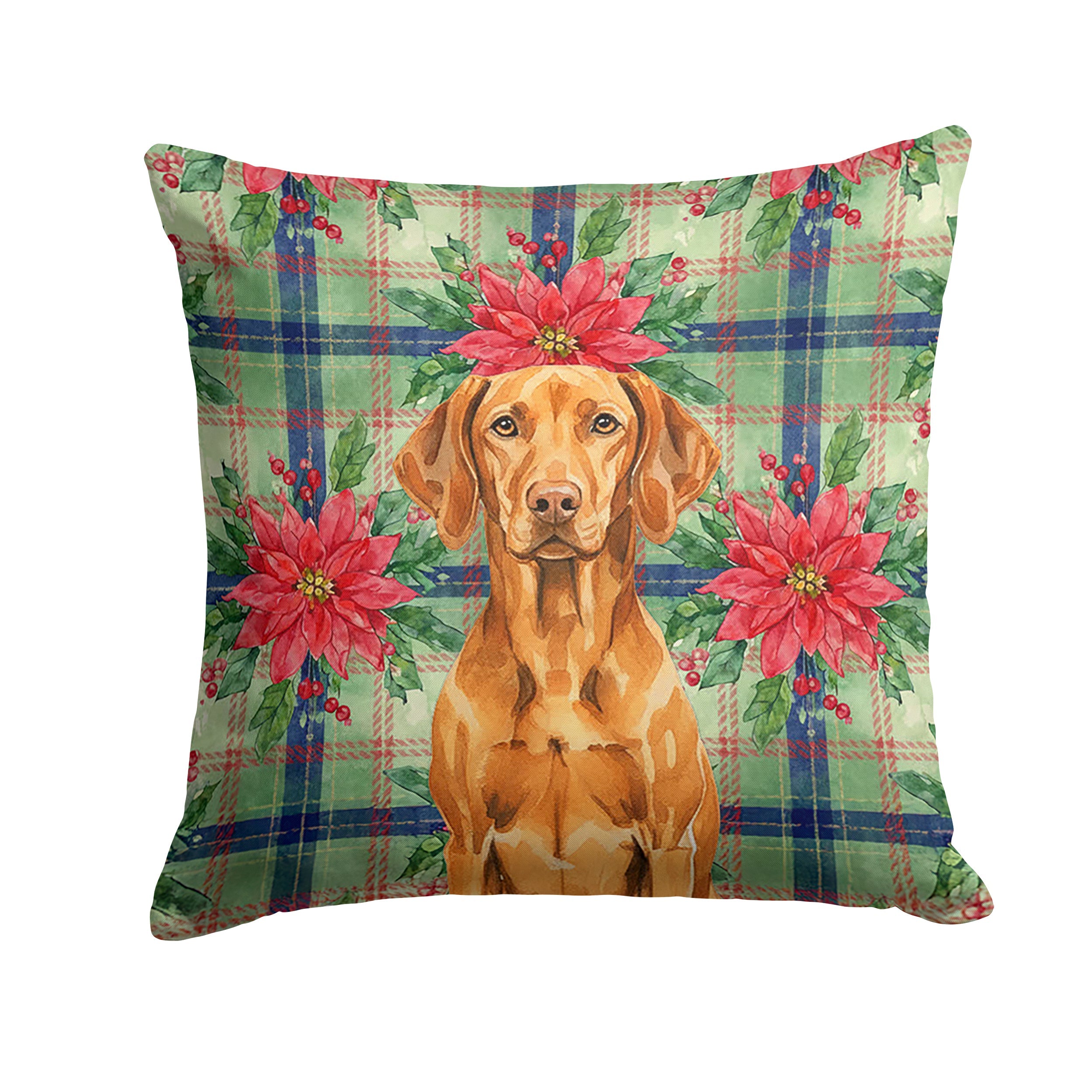 Vizsla Christmas PoinsettIas Decorative Throw Pillow 18x18 Indoor Outdoor Accent Cushion, Fabric Cover with Insert for Sofa, Bed, Porch & Living Room