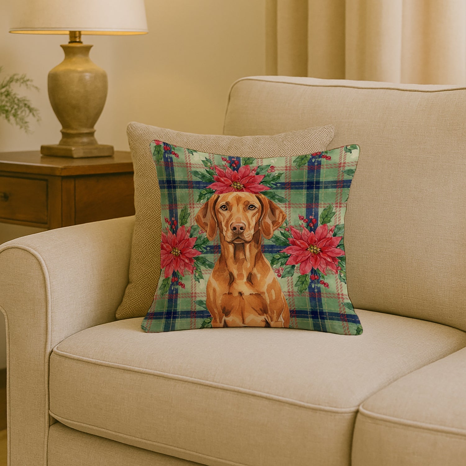 Vizsla Christmas PoinsettIas Decorative Throw Pillow 18x18 Indoor Outdoor Accent Cushion, Fabric Cover with Insert for Sofa, Bed, Porch & Living Room