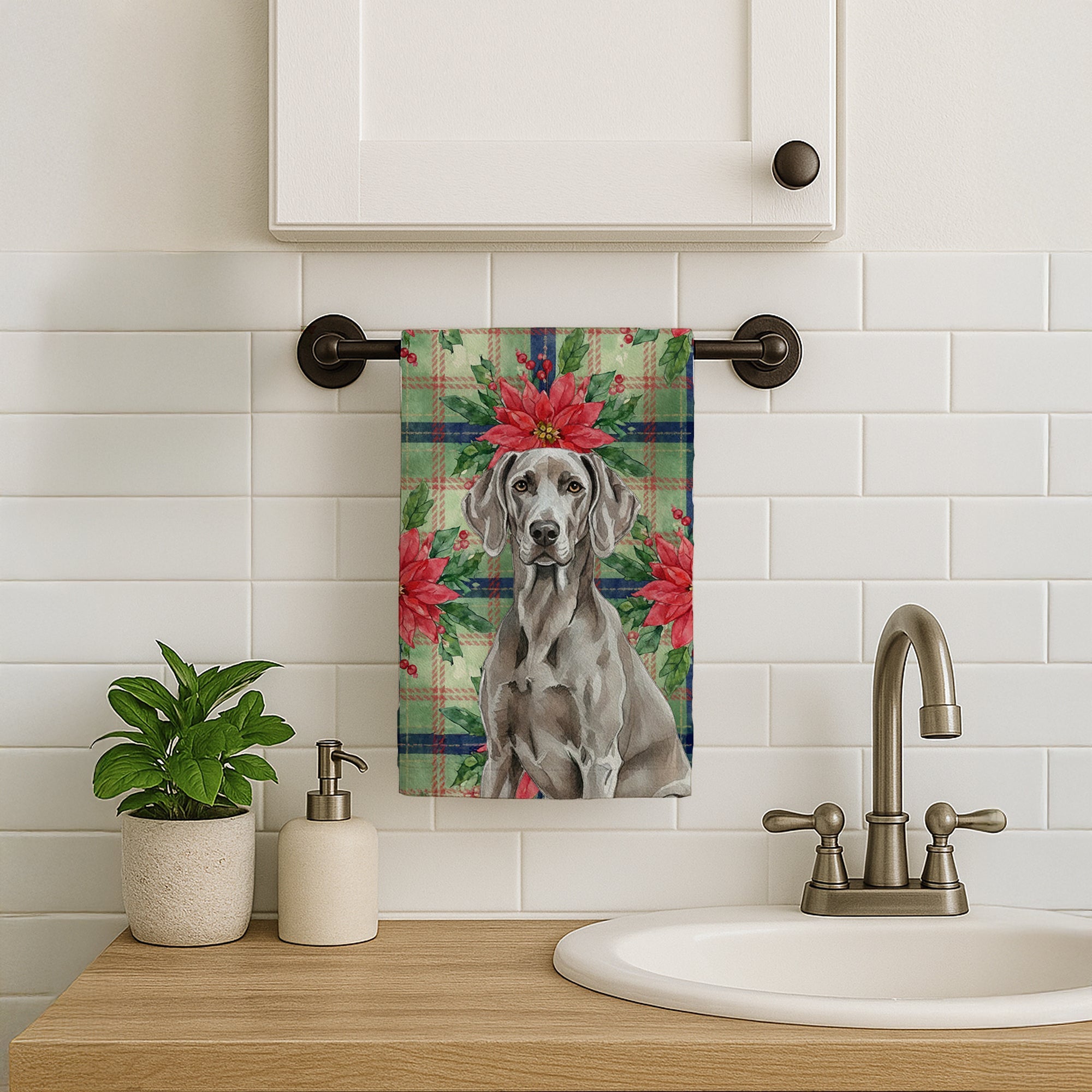 Weimaraner Christmas PoinsettIas Kitchen Towel Velour Plush Front and Cotton Loop Back Machine Washable