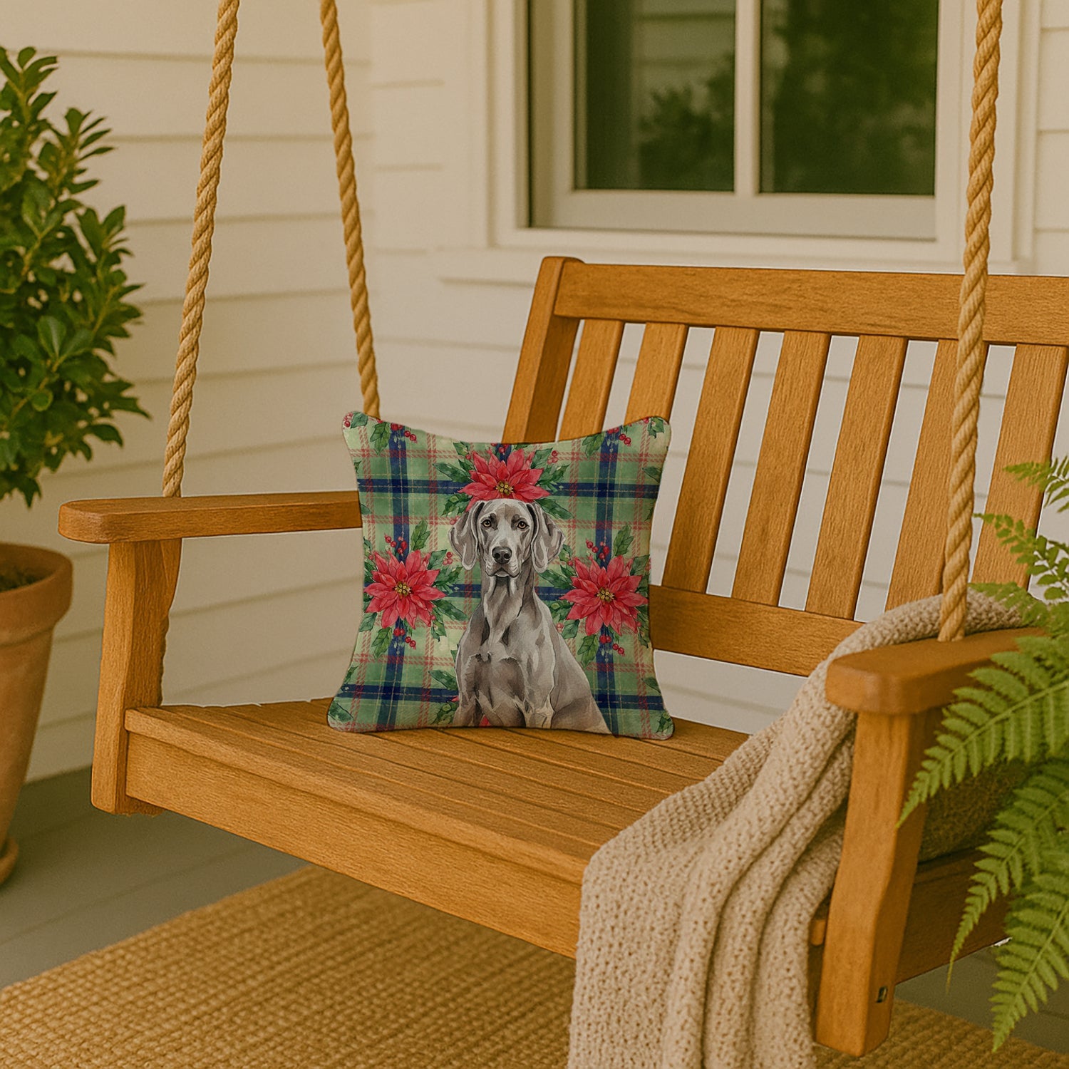 Weimaraner Christmas PoinsettIas Decorative Throw Pillow 14x14 Indoor Outdoor Accent Cushion, Fabric Cover with Insert for Sofa, Bed, Porch & Living Room