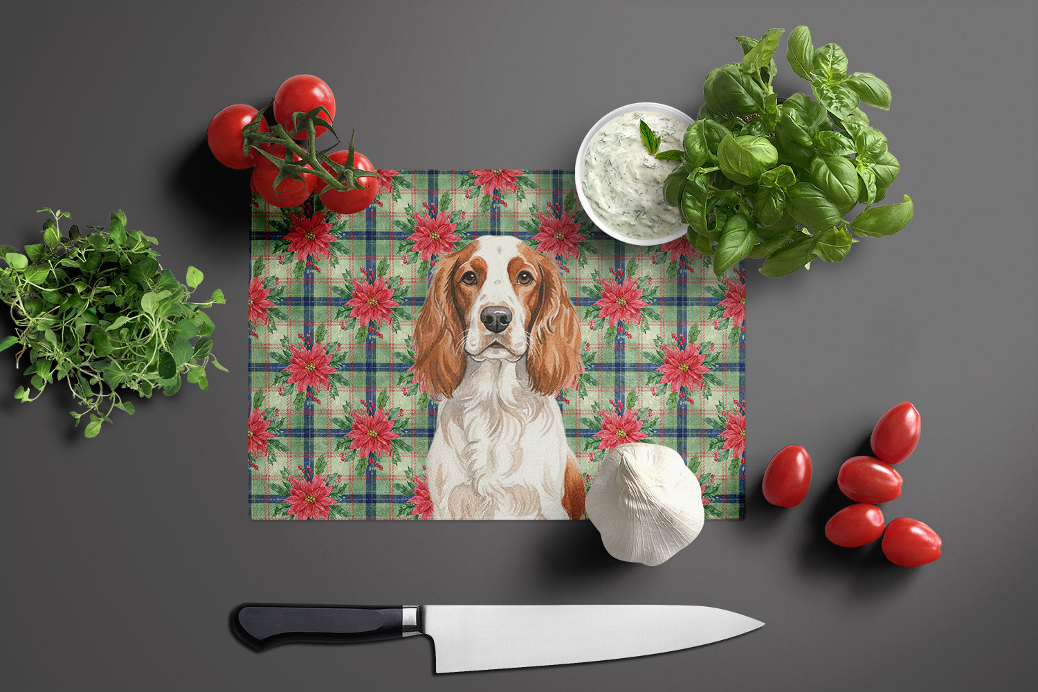 Welsh Springer Spaniel Christmas PoinsettIas Cutting Board Tempered Glass Kitchen Cutting Surface, Heat Resistant Chopping, Non-Slip Feet, Food Prep & Serving