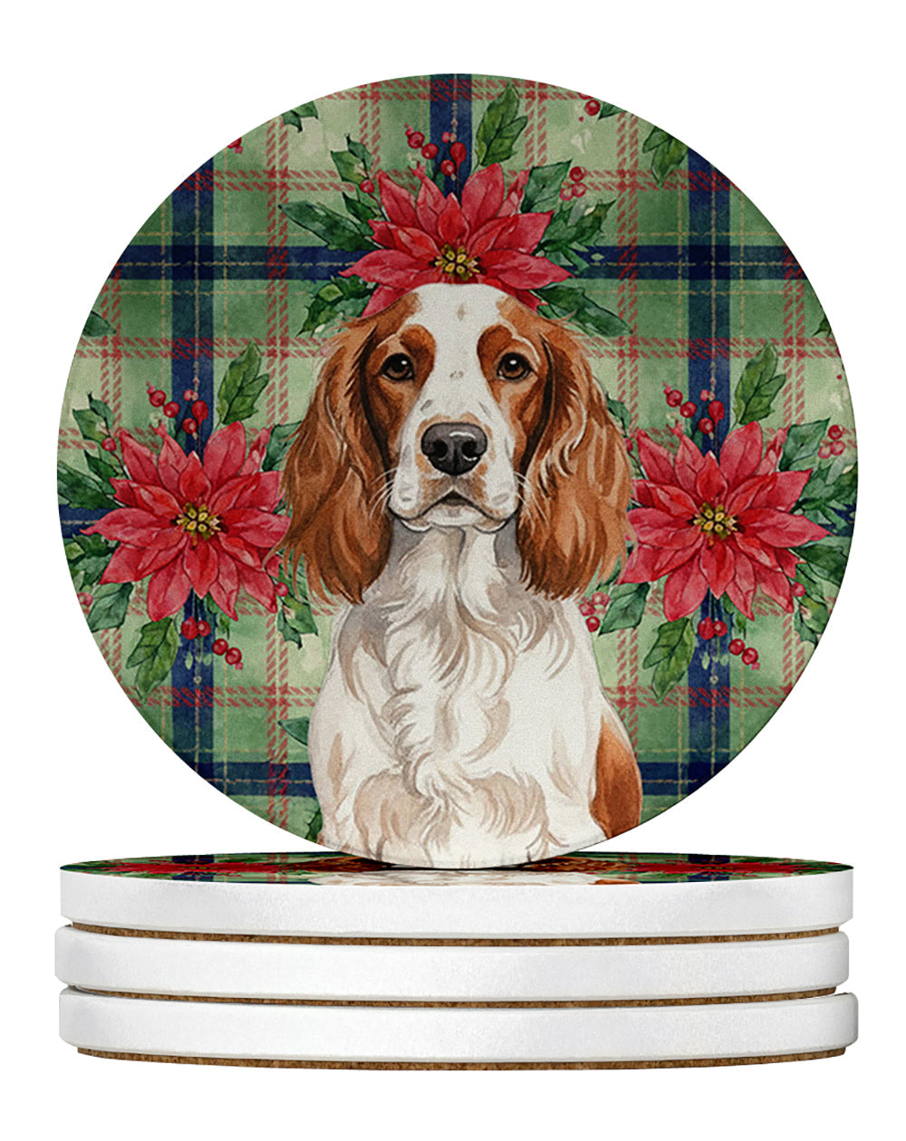 Welsh Springer Spaniel Christmas PoinsettIas Large Sandstone Coasters Pack of 4 Absorbent Round Coasters Decor Gifts for Men or Women, 4 in, Multicolor