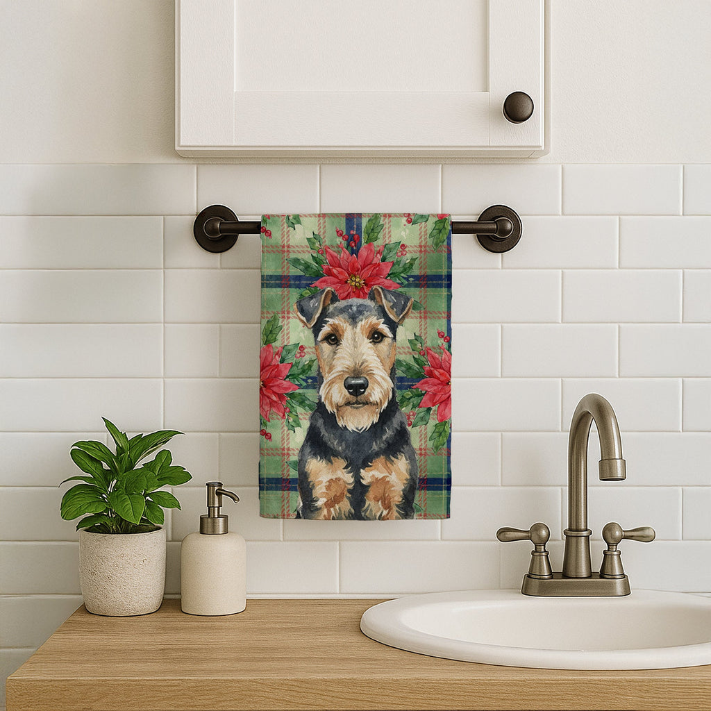 Welsh Terrier Christmas PoinsettIas Kitchen Towel Velour Plush Front and Cotton Loop Back Machine Washable