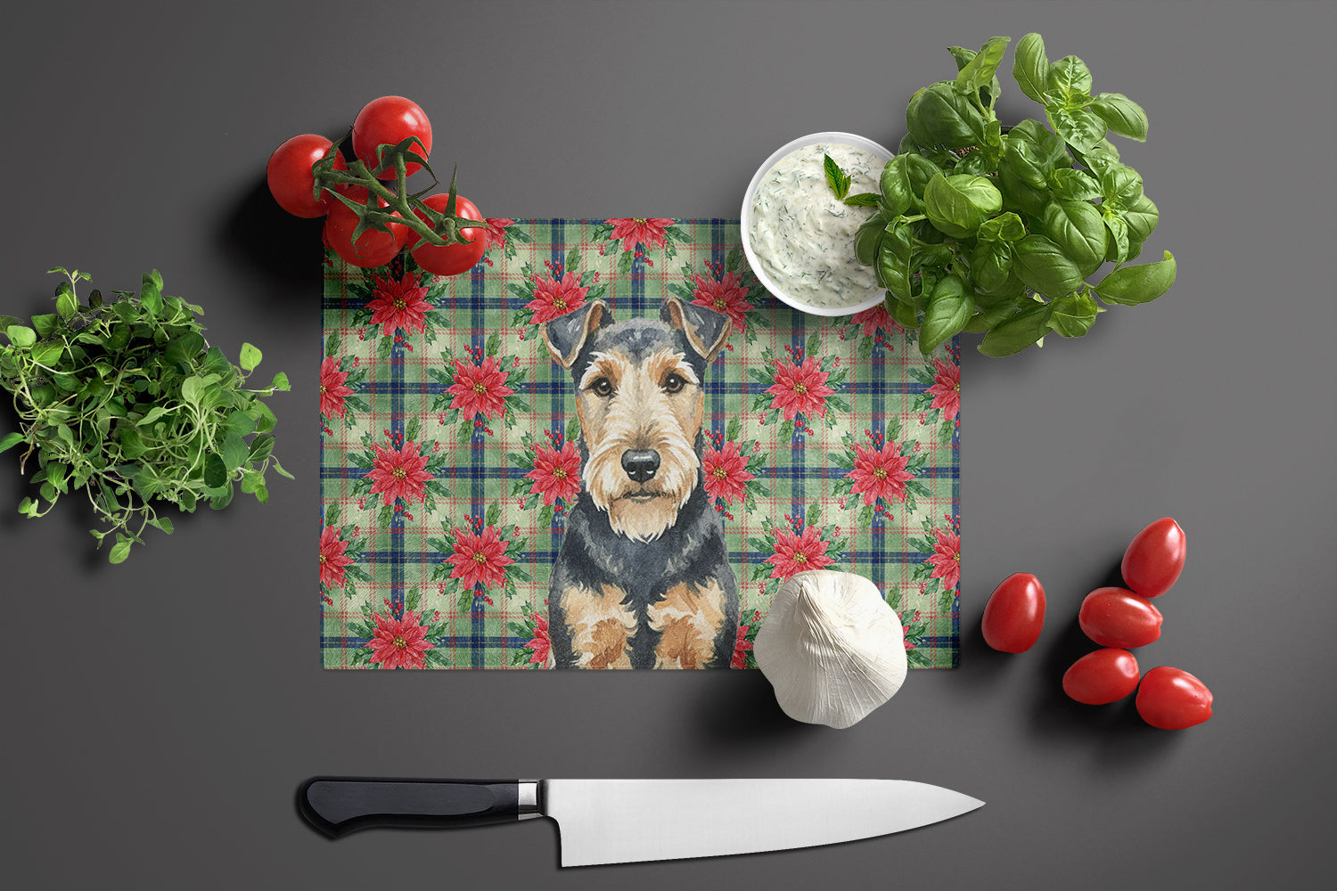 Welsh Terrier Christmas PoinsettIas Cutting Board Tempered Glass Kitchen Cutting Surface, Heat Resistant Chopping, Non-Slip Feet, Food Prep & Serving