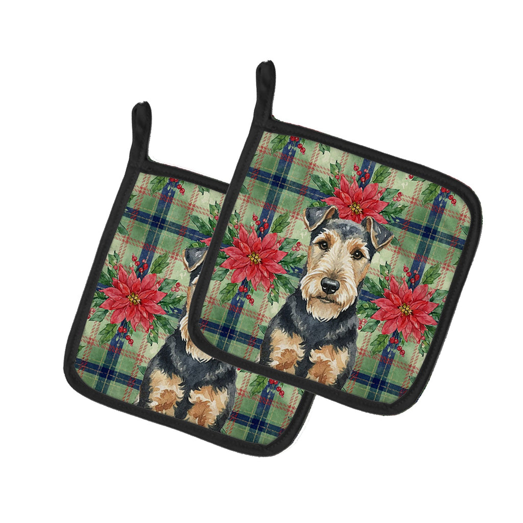 Welsh Terrier Christmas PoinsettIas Pot Holder Set of 2 Heat Resistant Quilted Hot Pads 7.5 x 7.5 Inch, Insulated Kitchen Trivets for Cooking & Baking