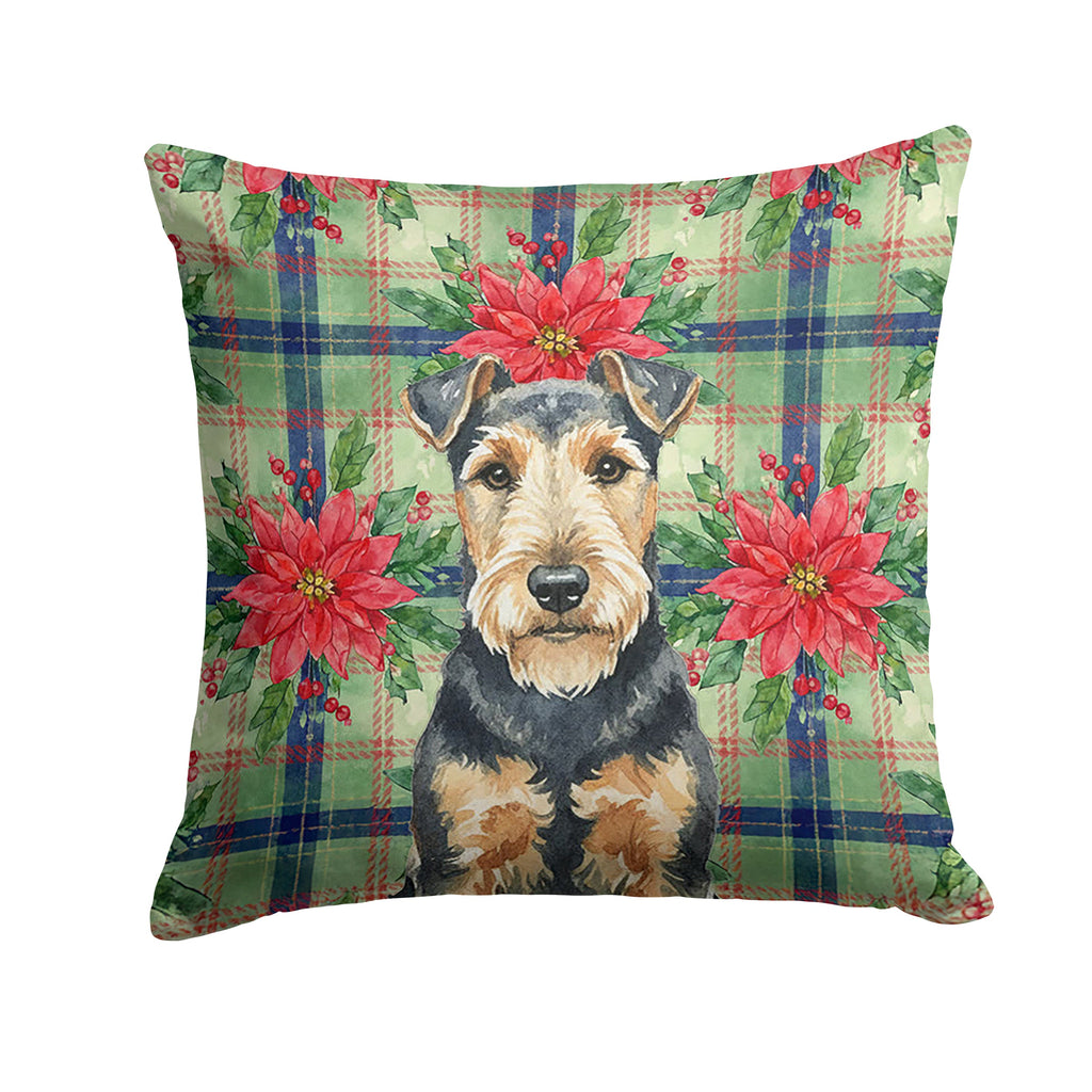 Welsh Terrier Christmas PoinsettIas Decorative Throw Pillow 14x14 Indoor Outdoor Accent Cushion, Fabric Cover with Insert for Sofa, Bed, Porch & Living Room