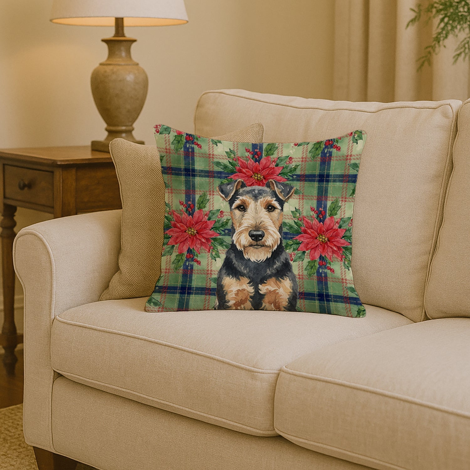 Welsh Terrier Christmas PoinsettIas Decorative Throw Pillow 14x14 Indoor Outdoor Accent Cushion, Fabric Cover with Insert for Sofa, Bed, Porch & Living Room