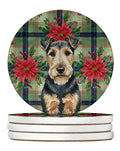 Welsh Terrier Christmas PoinsettIas Large Sandstone Coasters Pack of 4 Absorbent Round Coasters Decor Gifts for Men or Women, 4 in, Multicolor
