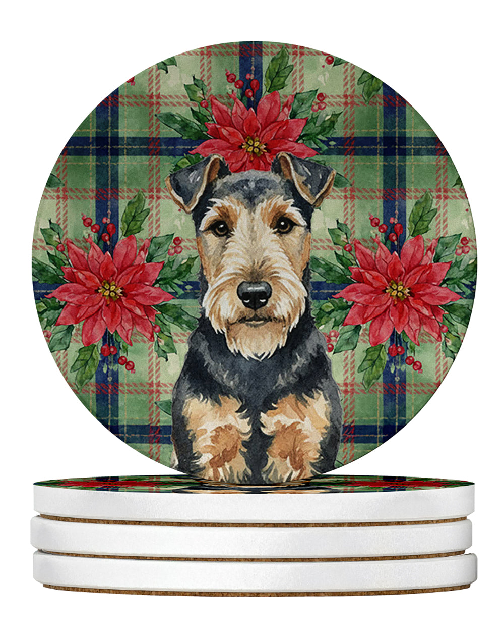 Welsh Terrier Christmas PoinsettIas Large Sandstone Coasters Pack of 4 Absorbent Round Coasters Decor Gifts for Men or Women, 4 in, Multicolor