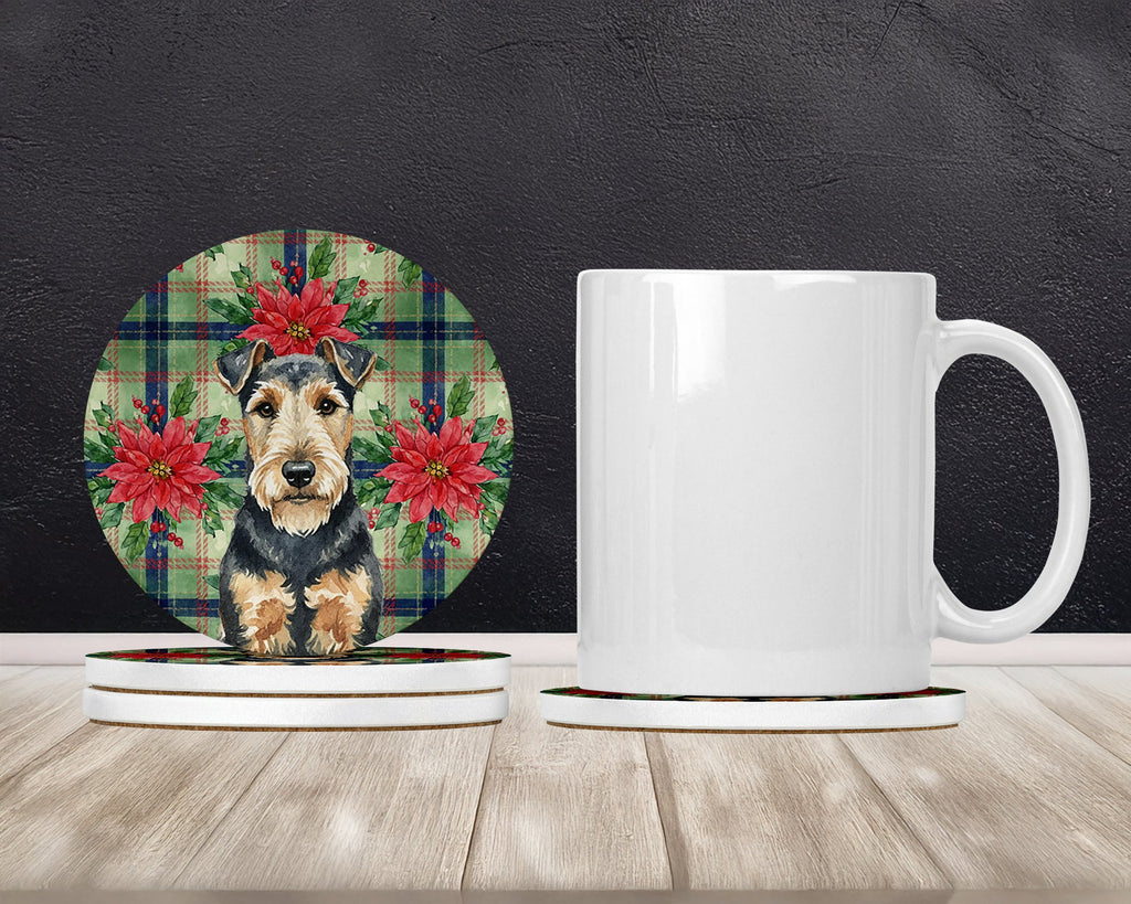 Welsh Terrier Christmas PoinsettIas Large Sandstone Coasters Pack of 4 Absorbent Round Coasters Decor Gifts for Men or Women, 4 in, Multicolor