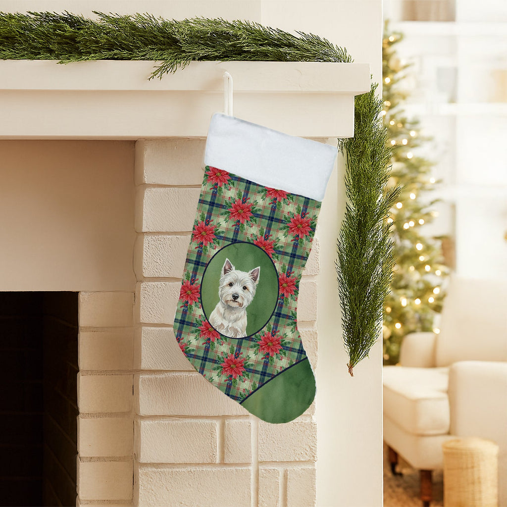 Westie Christmas PoinsettIas Holiday Stocking Double-Sided Print, Polyester Suede,11x18, Made in USA