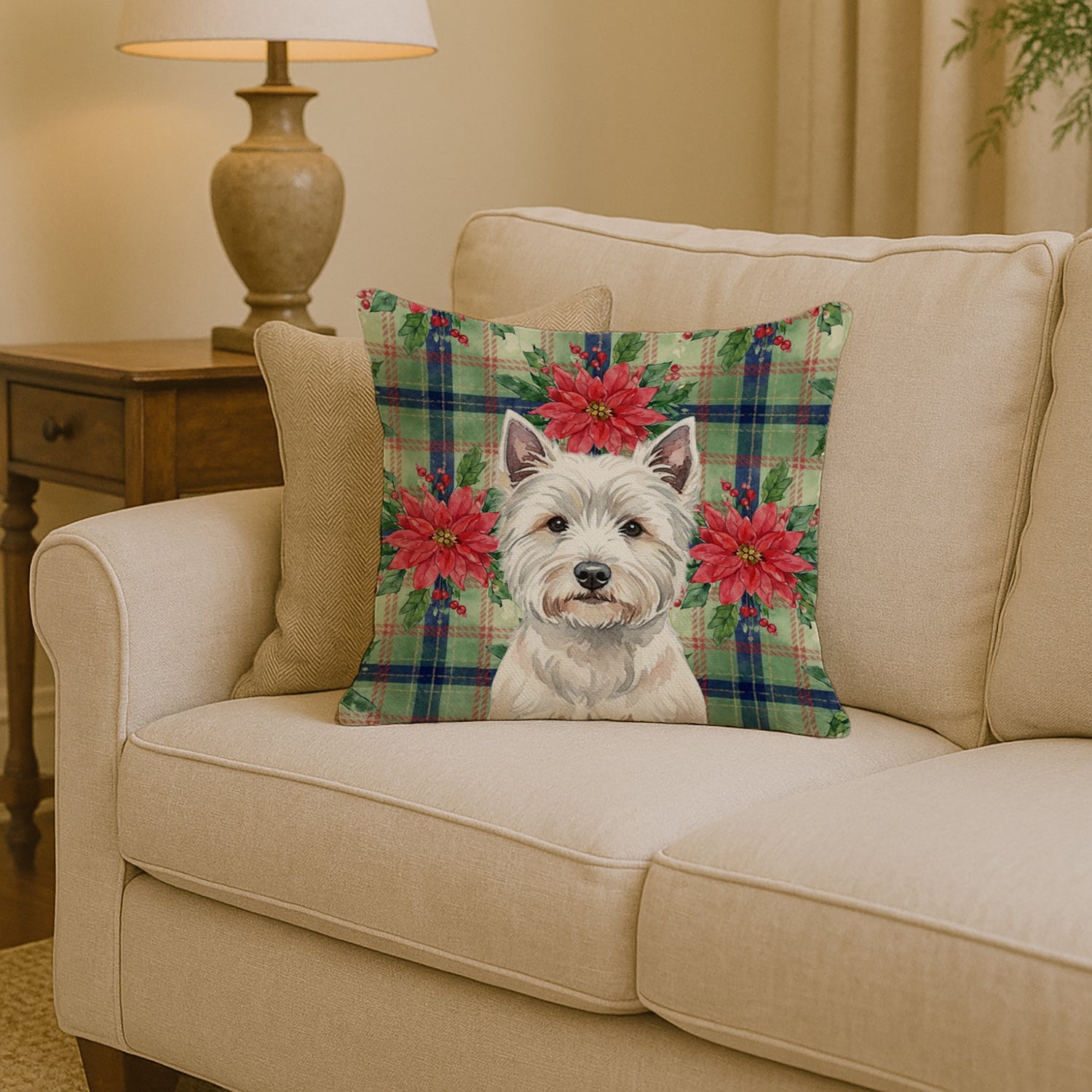 Westie Christmas PoinsettIas Decorative Throw Pillow 14x14 Indoor Outdoor Accent Cushion, Fabric Cover with Insert for Sofa, Bed, Porch & Living Room