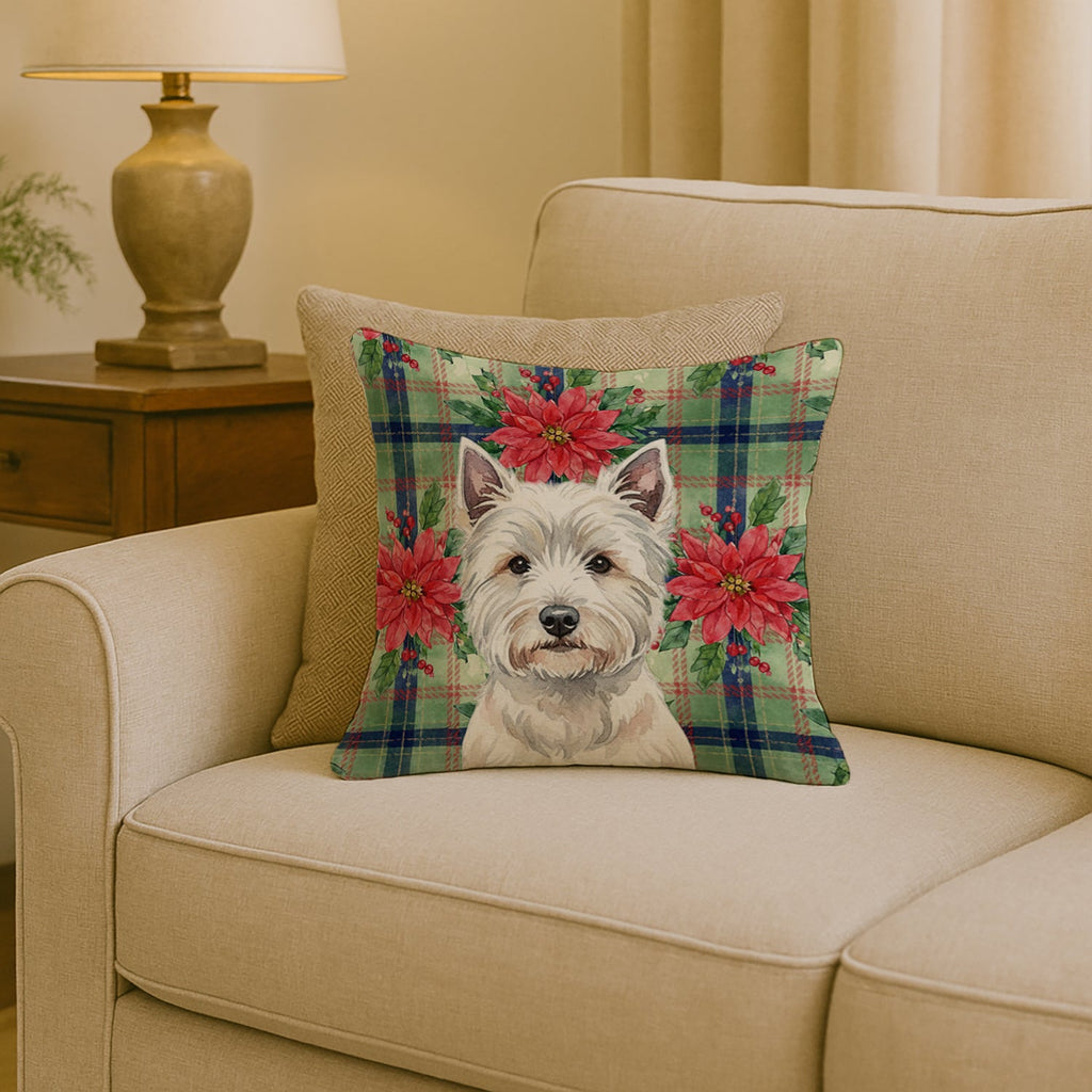 Westie Christmas PoinsettIas Decorative Throw Pillow 18x18 Indoor Outdoor Accent Cushion, Fabric Cover with Insert for Sofa, Bed, Porch & Living Room