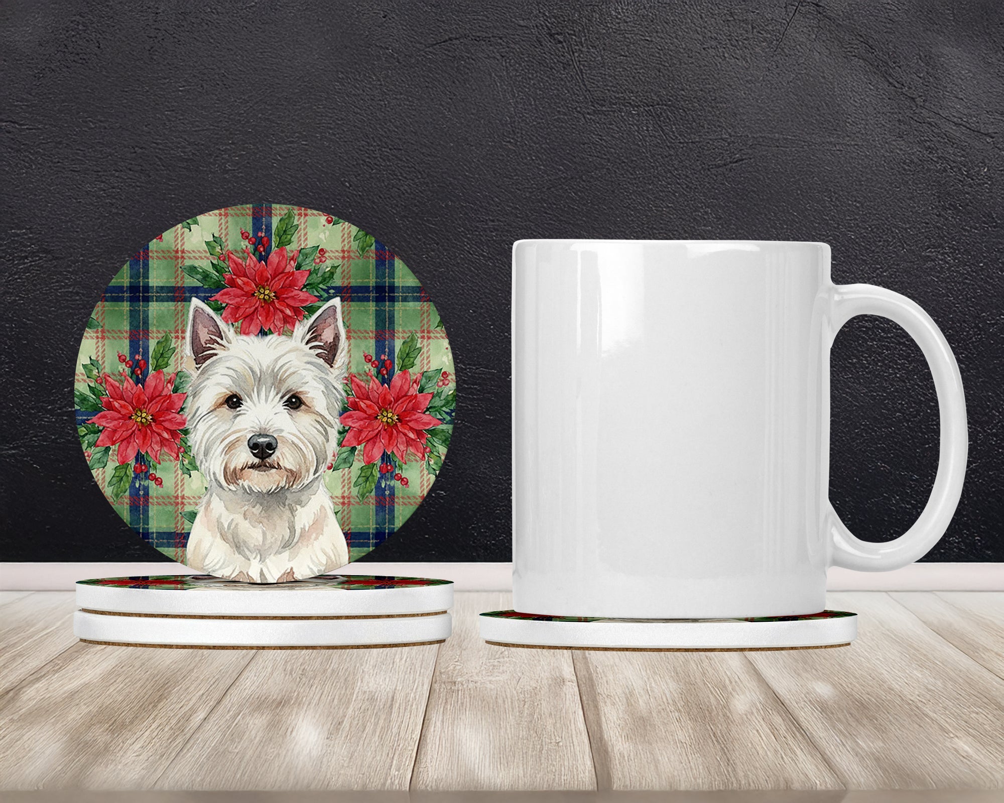 Westie Christmas PoinsettIas Large Sandstone Coasters Pack of 4 Absorbent Round Coasters Decor Gifts for Men or Women, 4 in, Multicolor