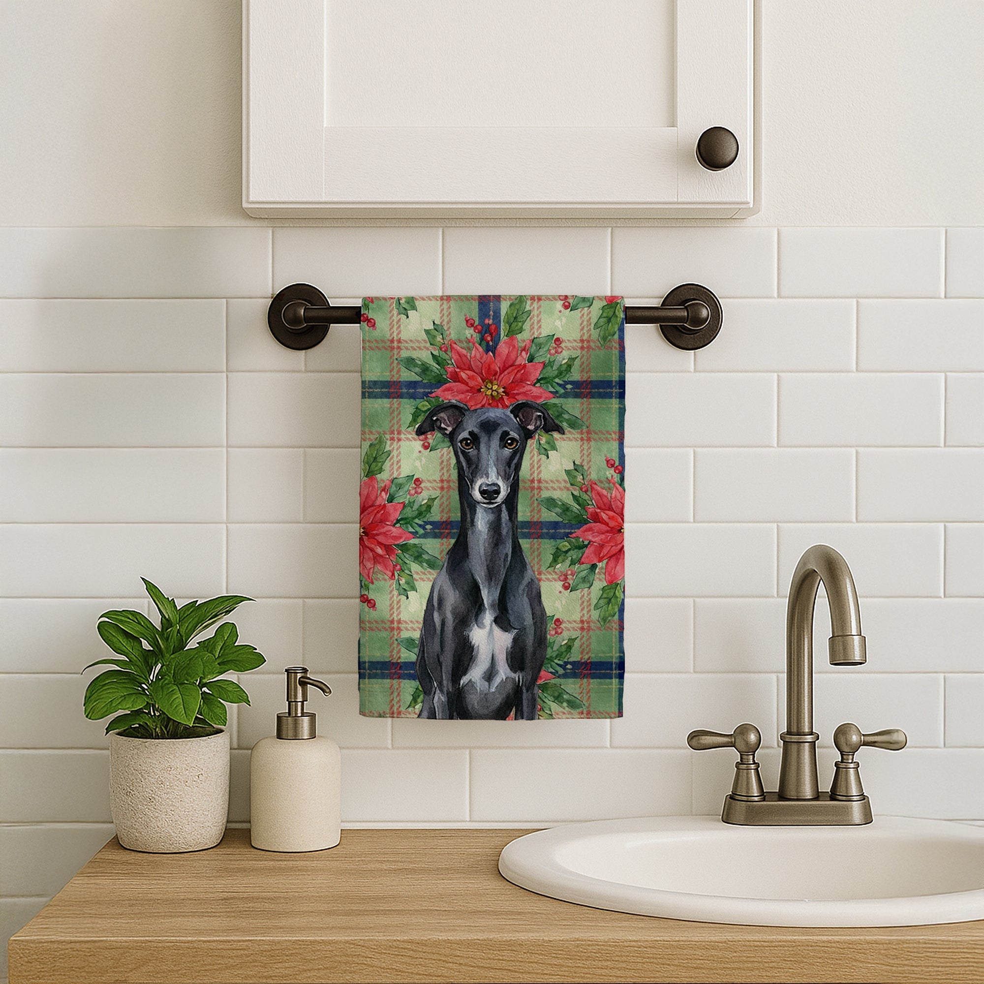 Black Whippet Christmas PoinsettIas Kitchen Towel Velour Plush Front and Cotton Loop Back Machine Washable