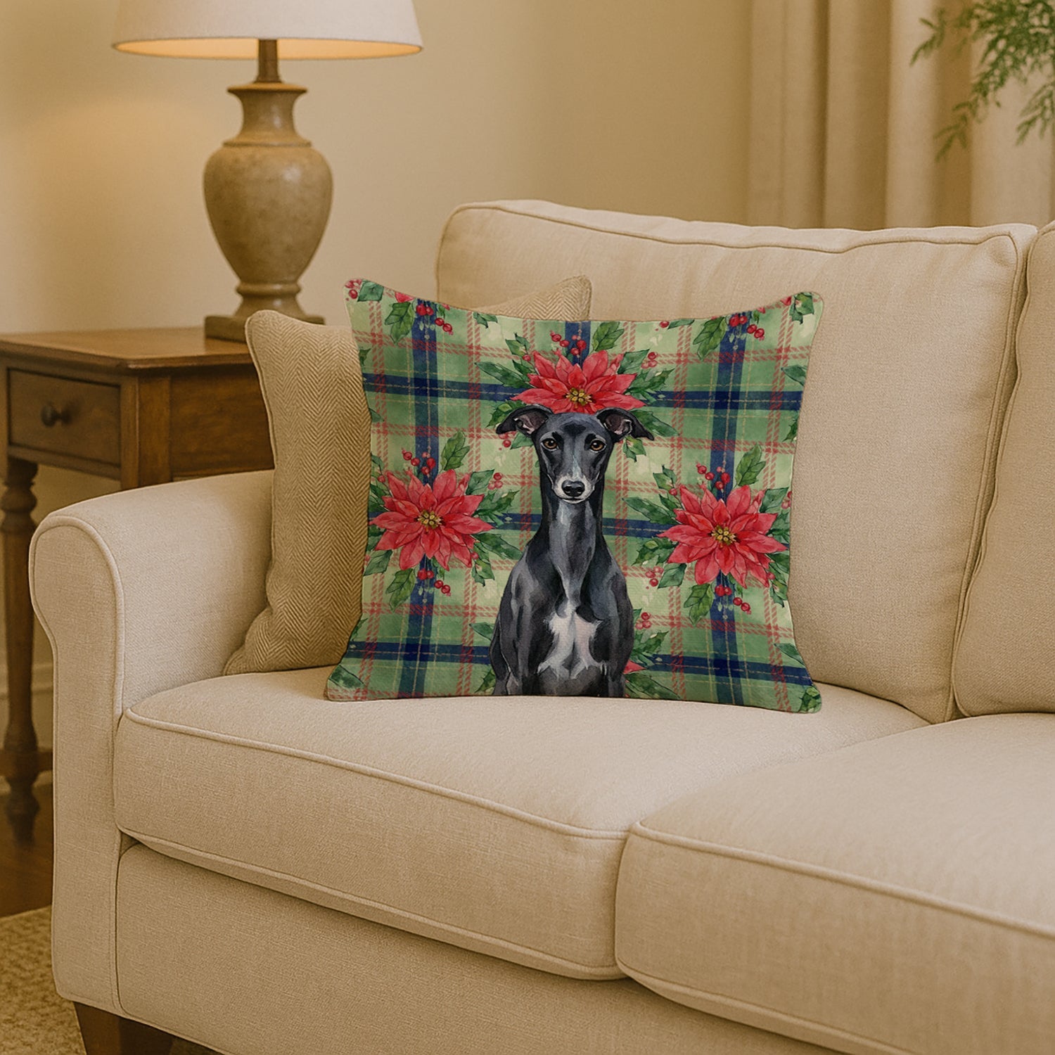 Black Whippet Christmas PoinsettIas Decorative Throw Pillow 14x14 Indoor Outdoor Accent Cushion, Fabric Cover with Insert for Sofa, Bed, Porch & Living Room