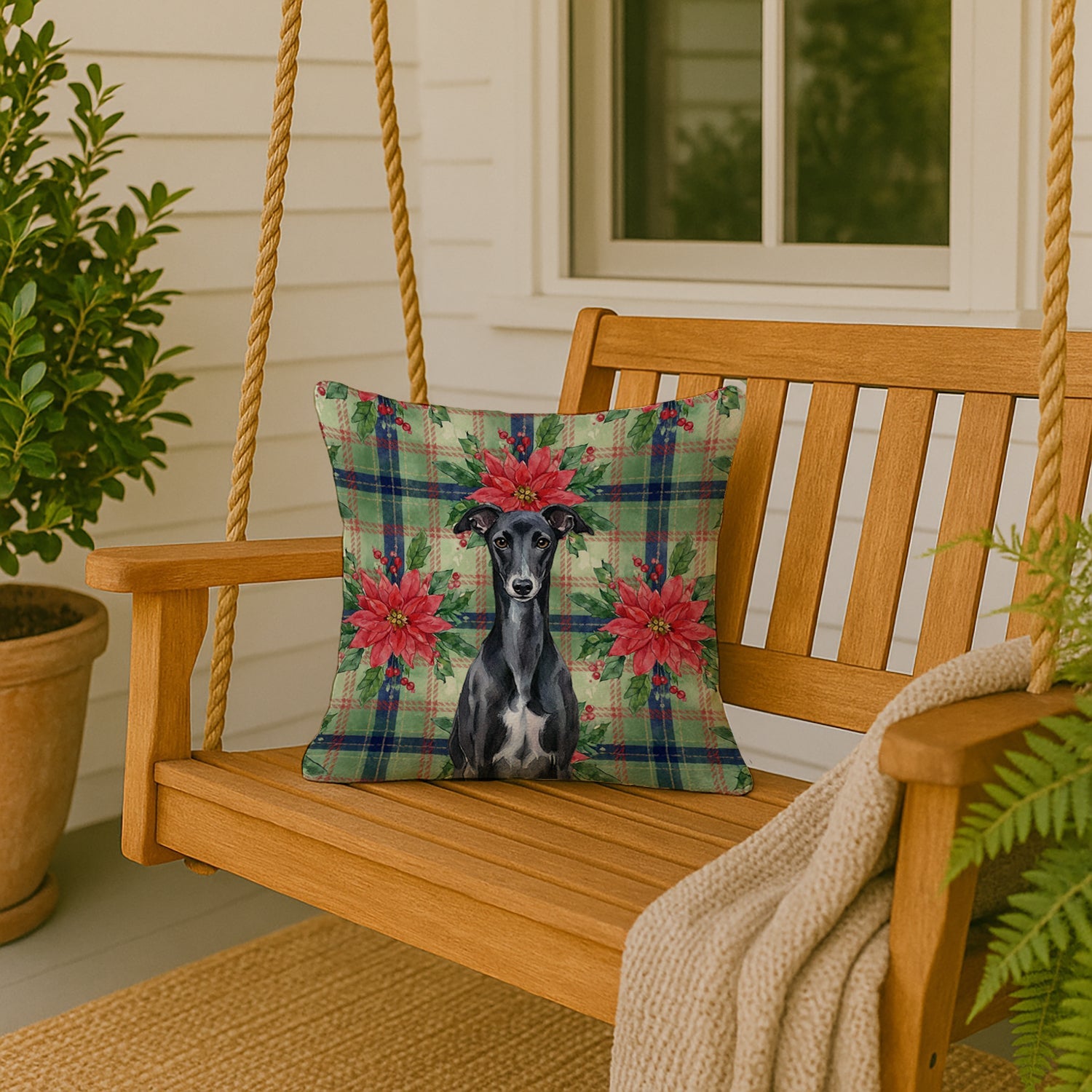 Black Whippet Christmas PoinsettIas Decorative Throw Pillow 18x18 Indoor Outdoor Accent Cushion, Fabric Cover with Insert for Sofa, Bed, Porch & Living Room