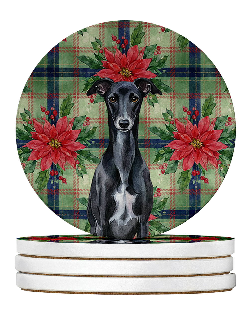 Black Whippet Christmas PoinsettIas Large Sandstone Coasters Pack of 4 Absorbent Round Coasters Decor Gifts for Men or Women, 4 in, Multicolor