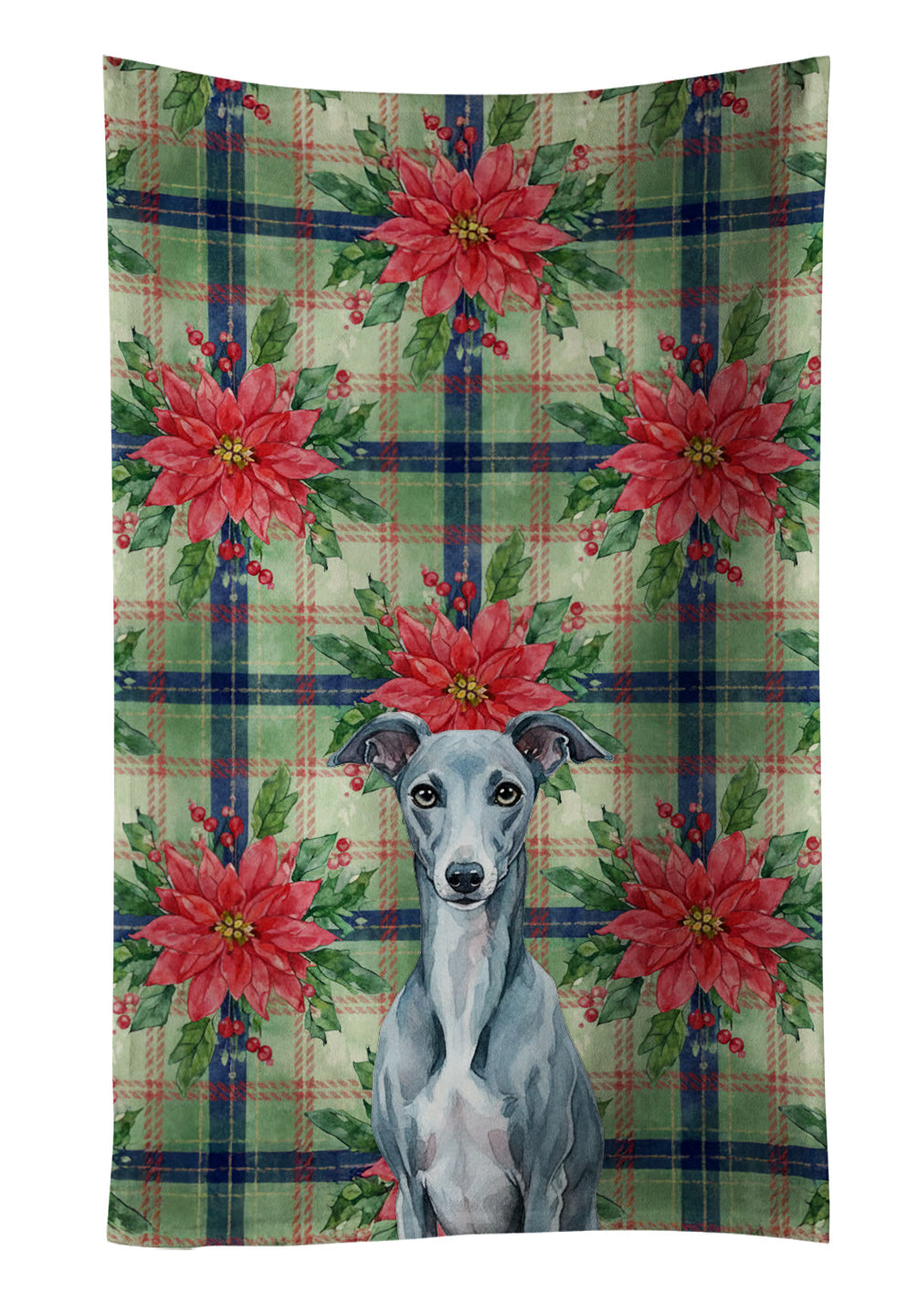 Blue Whippet Christmas PoinsettIas Kitchen Towel Velour Plush Front and Cotton Loop Back Machine Washable