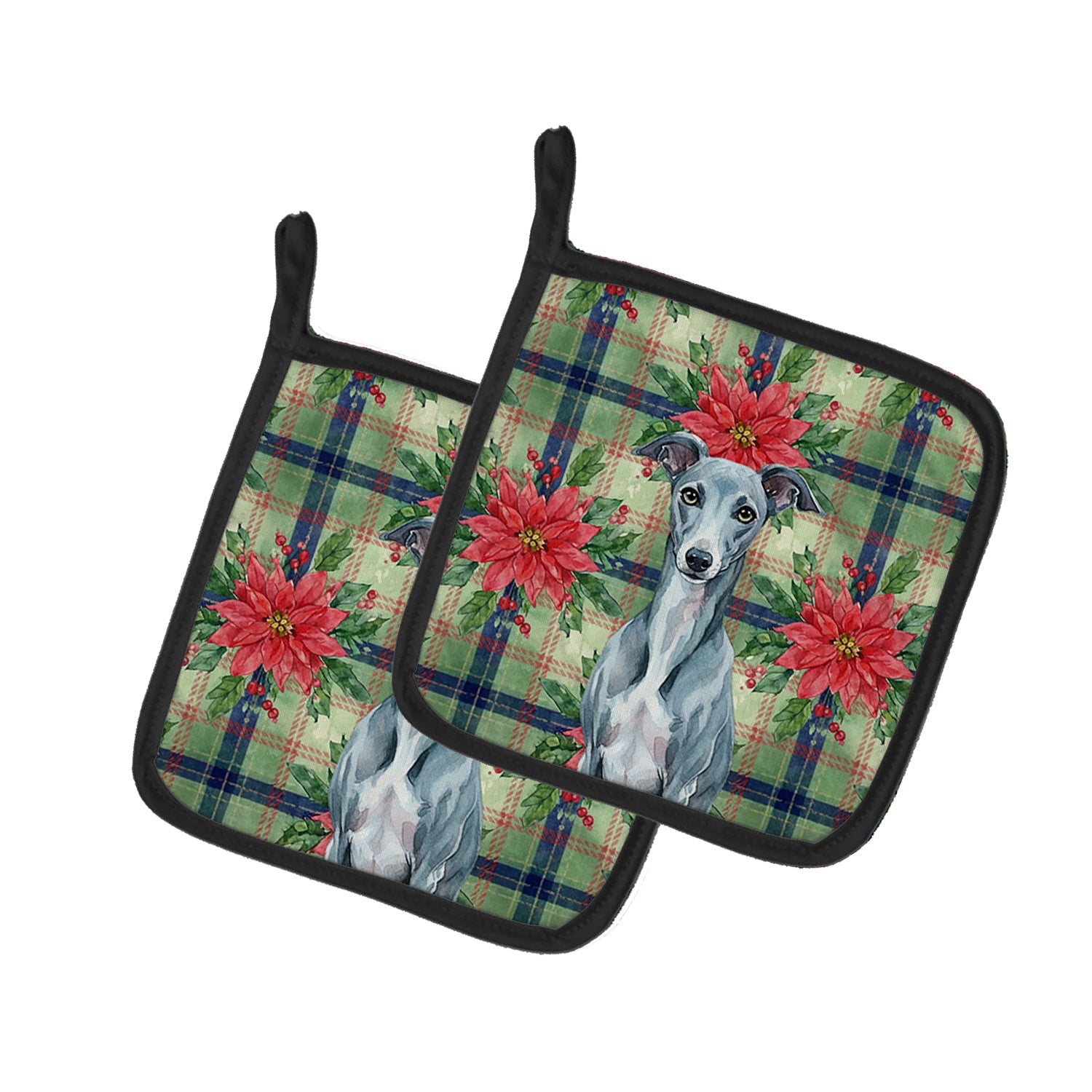 Blue Whippet Christmas PoinsettIas Pot Holder Set of 2 Heat Resistant Quilted Hot Pads 7.5 x 7.5 Inch, Insulated Kitchen Trivets for Cooking & Baking
