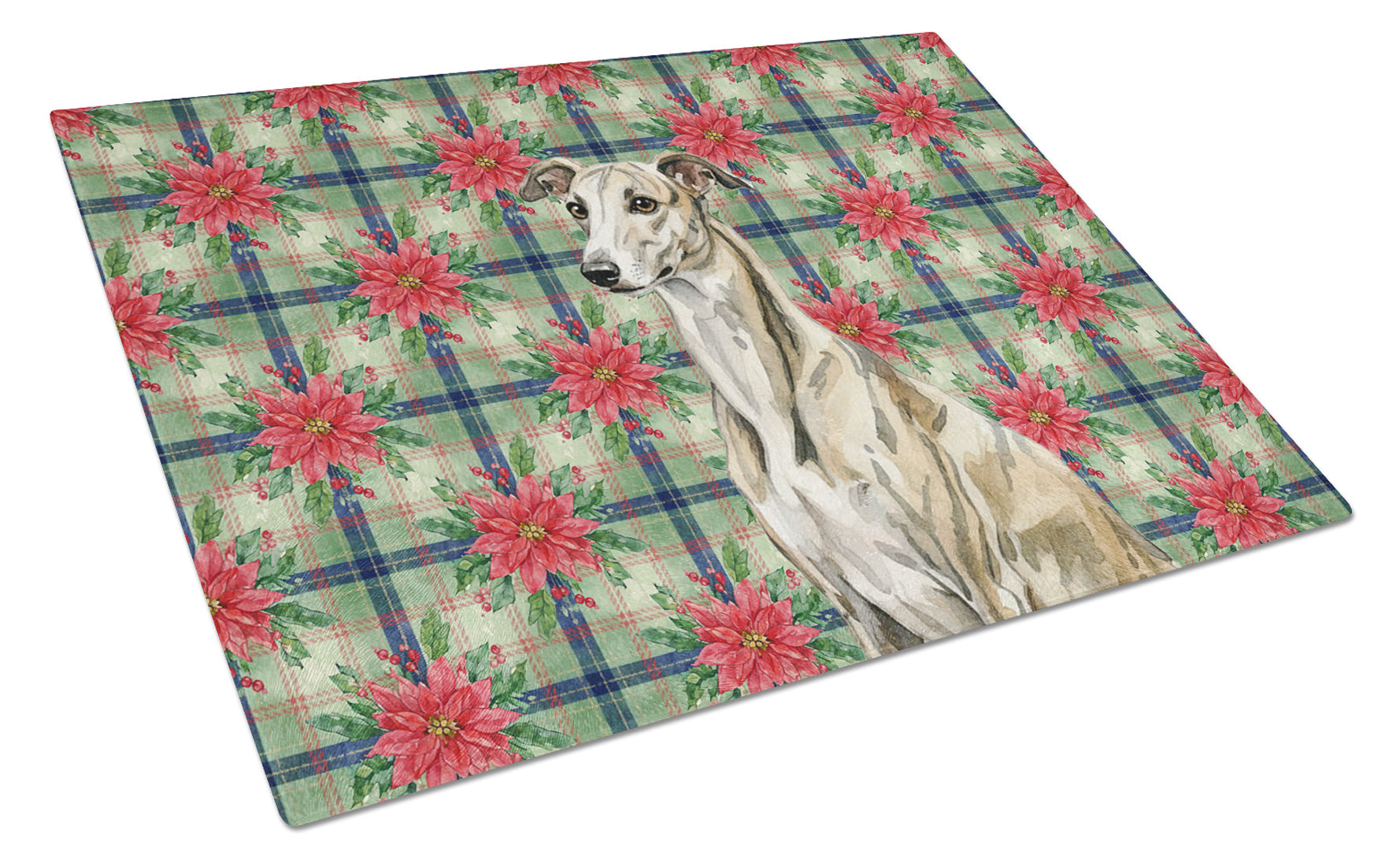 Brindle Whippet Christmas PoinsettIas Cutting Board Tempered Glass Kitchen Cutting Surface, Heat Resistant Chopping, Non-Slip Feet, Food Prep & Serving