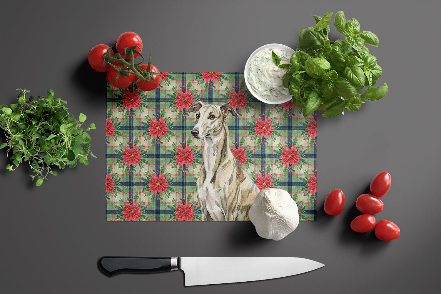 Brindle Whippet Christmas PoinsettIas Cutting Board Tempered Glass Kitchen Cutting Surface, Heat Resistant Chopping, Non-Slip Feet, Food Prep & Serving
