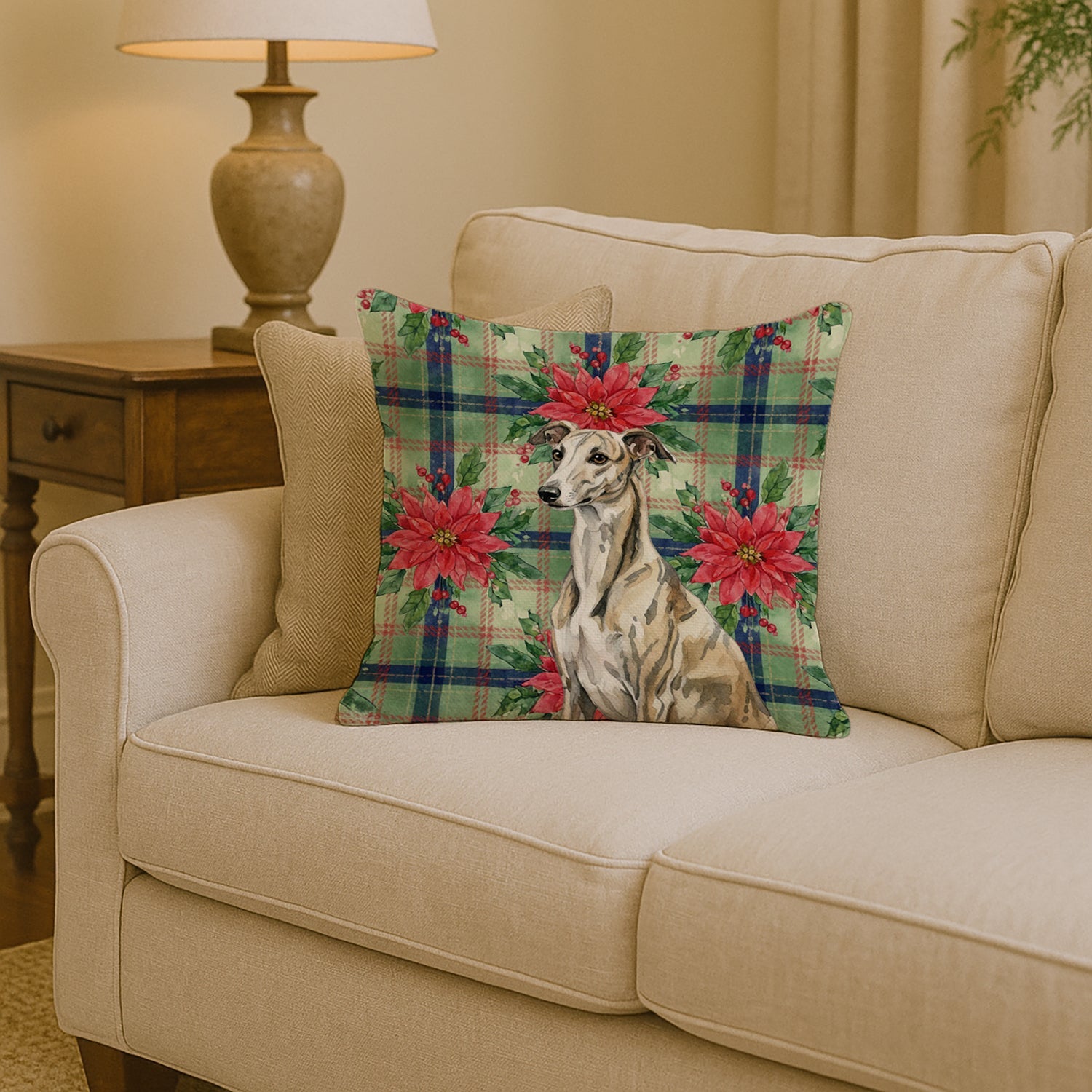 Brindle Whippet Christmas PoinsettIas Decorative Throw Pillow 14x14 Indoor Outdoor Accent Cushion, Fabric Cover with Insert for Sofa, Bed, Porch & Living Room
