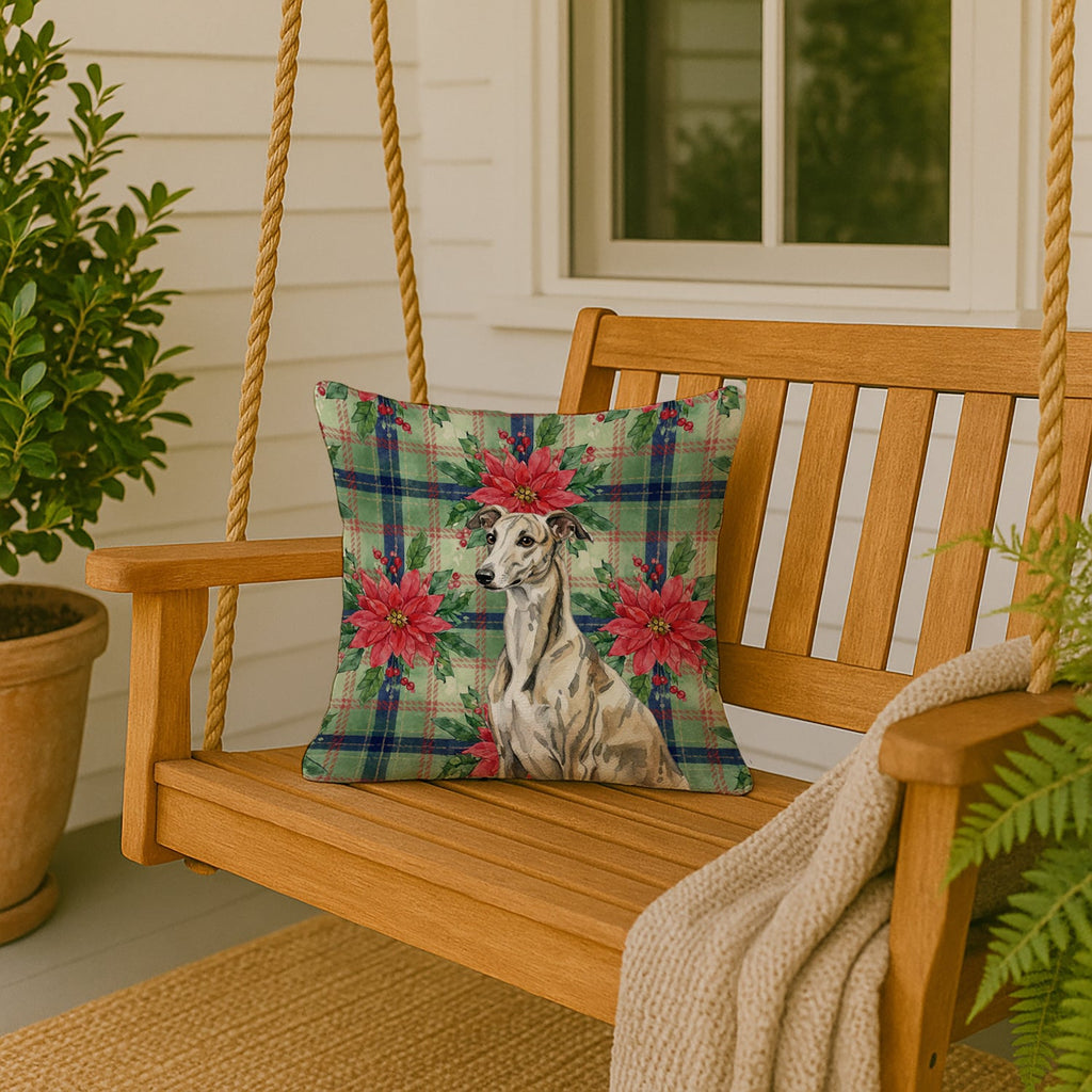 Brindle Whippet Christmas PoinsettIas Decorative Throw Pillow 18x18 Indoor Outdoor Accent Cushion, Fabric Cover with Insert for Sofa, Bed, Porch & Living Room