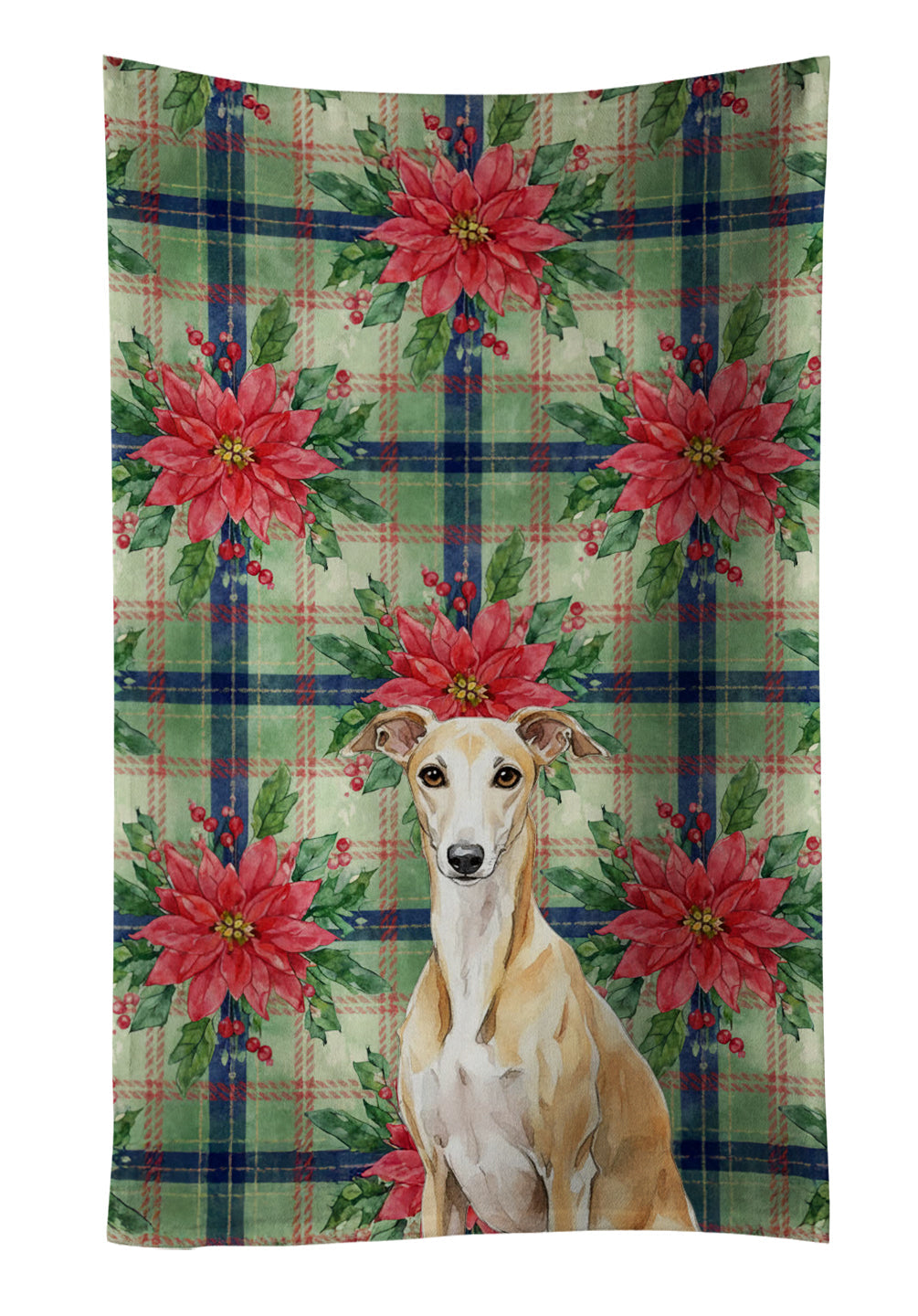 Fawn Whippet Christmas PoinsettIas Kitchen Towel Velour Plush Front and Cotton Loop Back Machine Washable