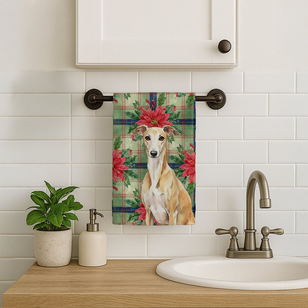 Fawn Whippet Christmas PoinsettIas Kitchen Towel Velour Plush Front and Cotton Loop Back Machine Washable