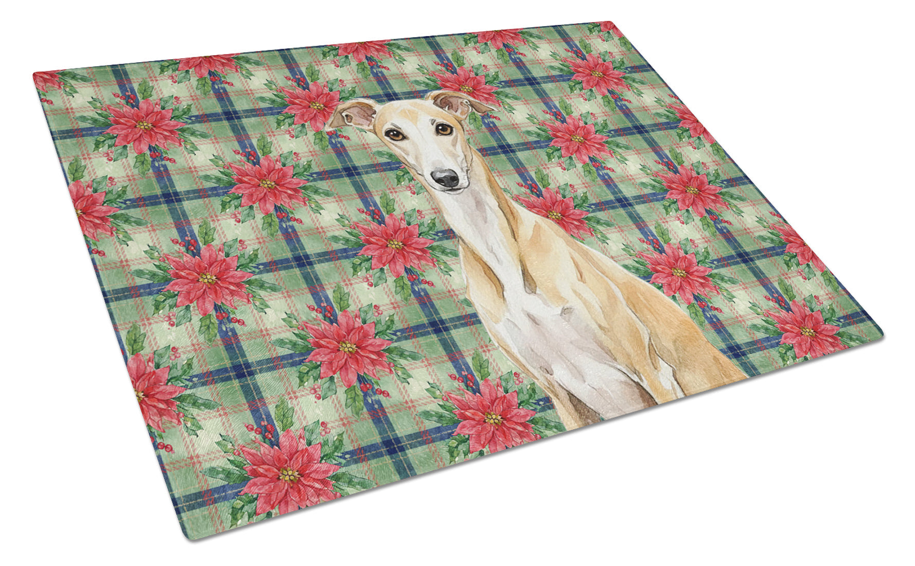 Fawn Whippet Christmas PoinsettIas Cutting Board Tempered Glass Kitchen Cutting Surface, Heat Resistant Chopping, Non-Slip Feet, Food Prep & Serving