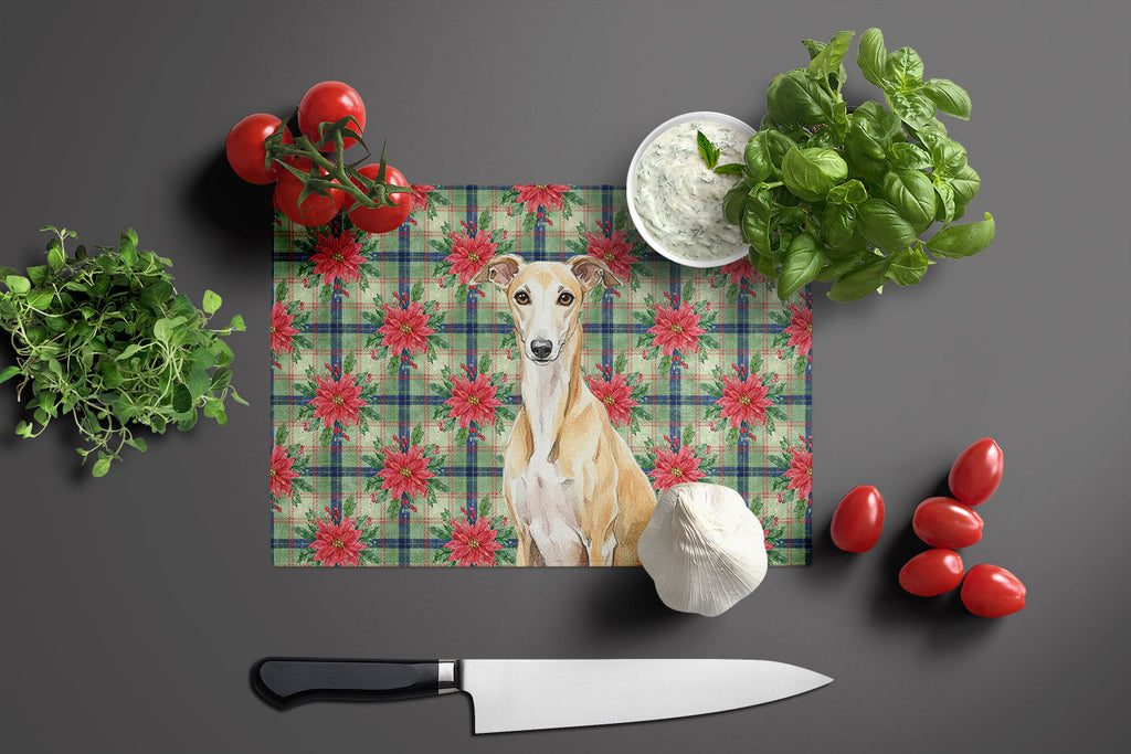 Fawn Whippet Christmas PoinsettIas Cutting Board Tempered Glass Kitchen Cutting Surface, Heat Resistant Chopping, Non-Slip Feet, Food Prep & Serving