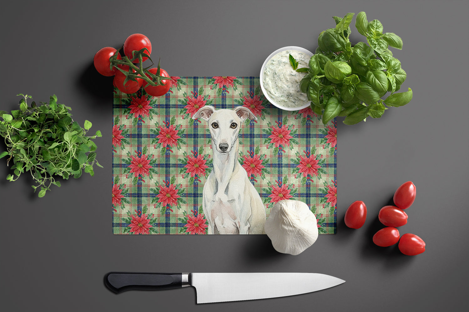 White Whippet Christmas PoinsettIas Cutting Board Tempered Glass Kitchen Cutting Surface, Heat Resistant Chopping, Non-Slip Feet, Food Prep & Serving