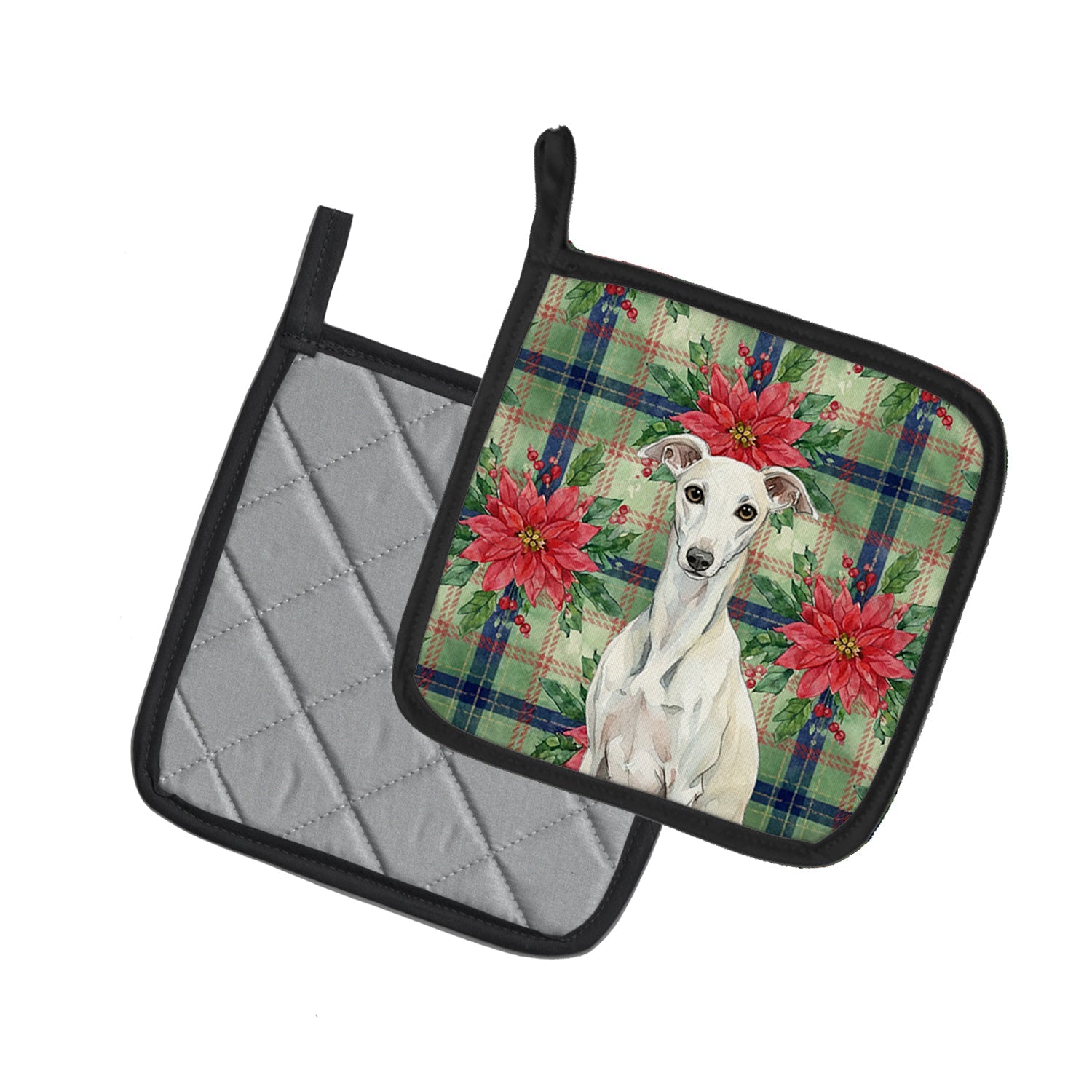 White Whippet Christmas PoinsettIas Pot Holder Set of 2 Heat Resistant Quilted Hot Pads 7.5 x 7.5 Inch, Insulated Kitchen Trivets for Cooking & Baking