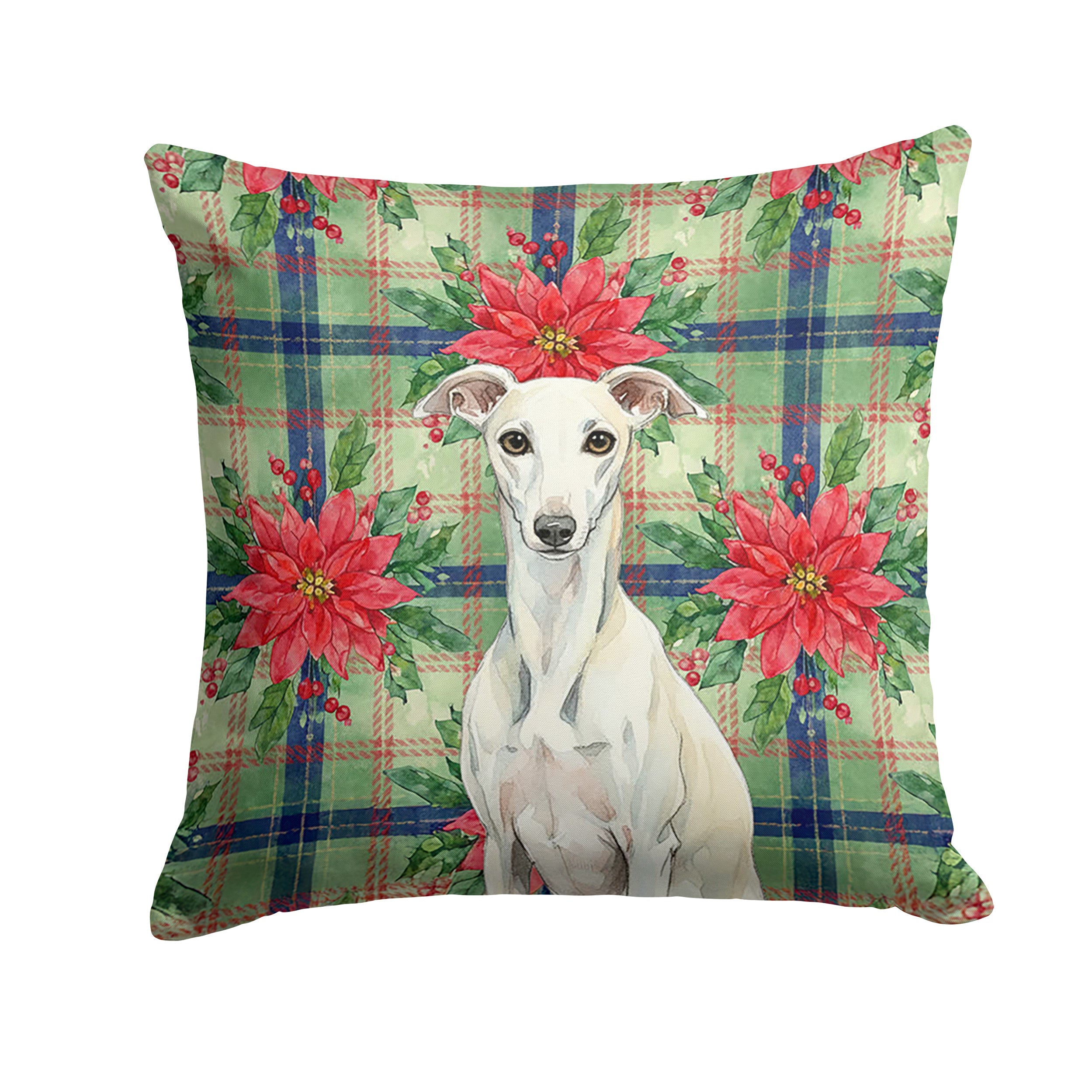White Whippet Christmas PoinsettIas Decorative Throw Pillow 14x14 Indoor Outdoor Accent Cushion, Fabric Cover with Insert for Sofa, Bed, Porch & Living Room