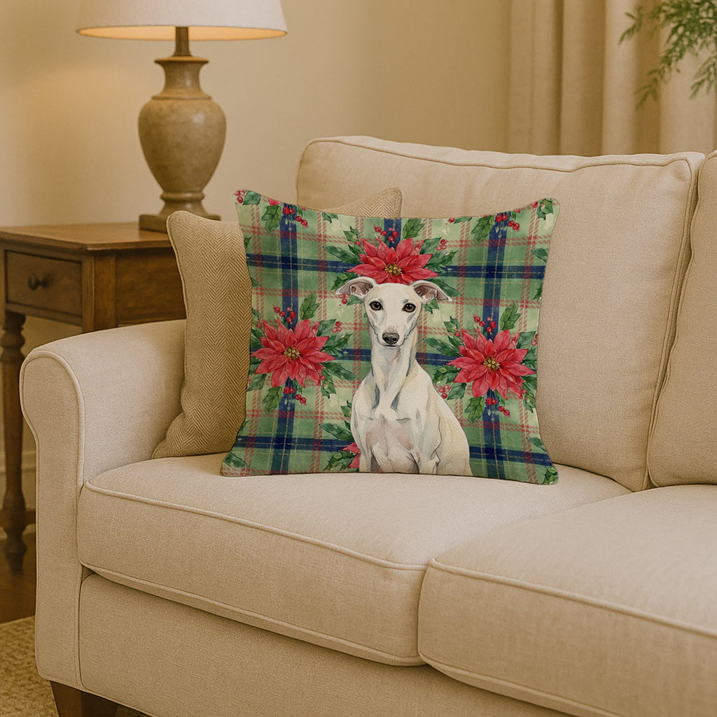 White Whippet Christmas PoinsettIas Decorative Throw Pillow 14x14 Indoor Outdoor Accent Cushion, Fabric Cover with Insert for Sofa, Bed, Porch & Living Room
