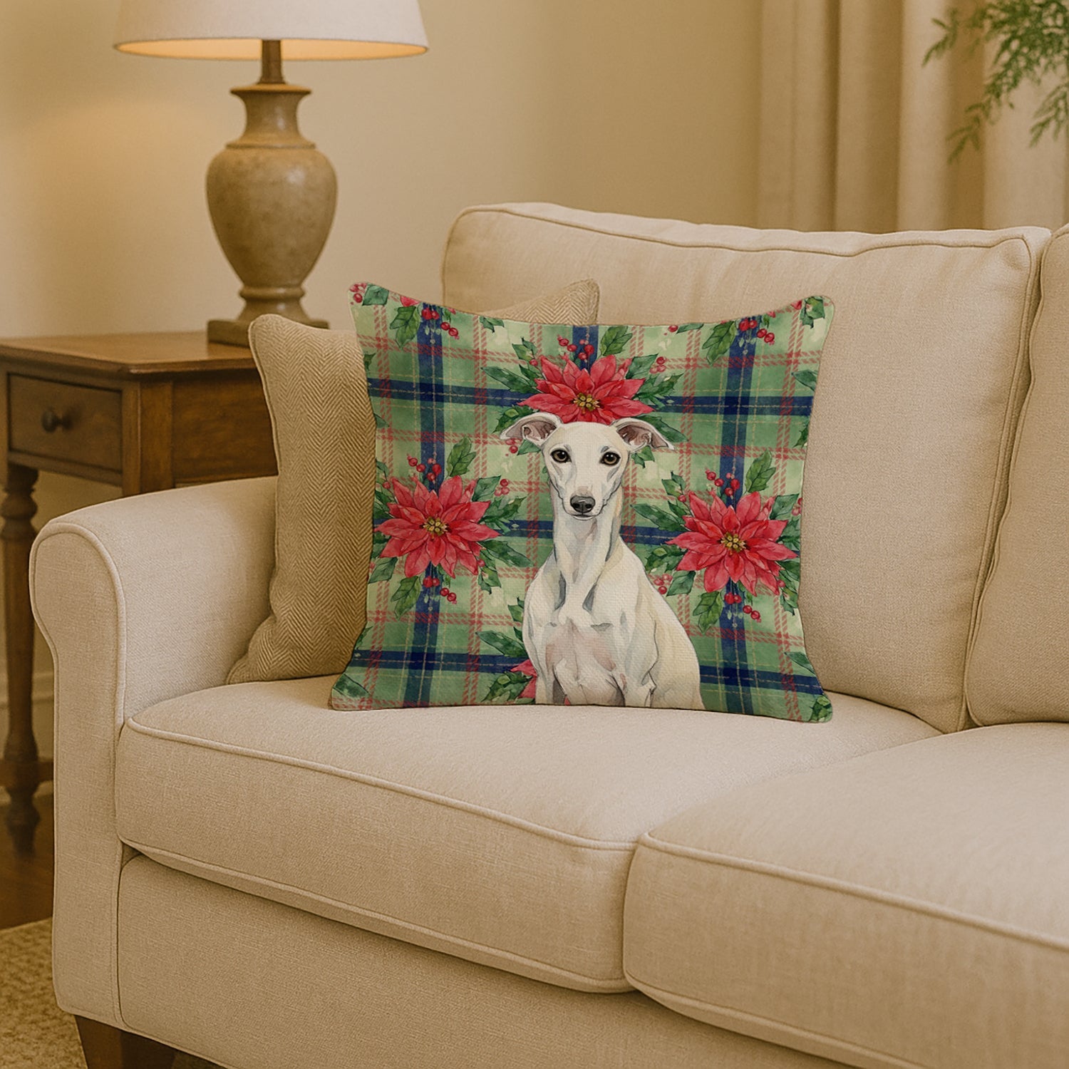 White Whippet Christmas PoinsettIas Decorative Throw Pillow 14x14 Indoor Outdoor Accent Cushion, Fabric Cover with Insert for Sofa, Bed, Porch & Living Room