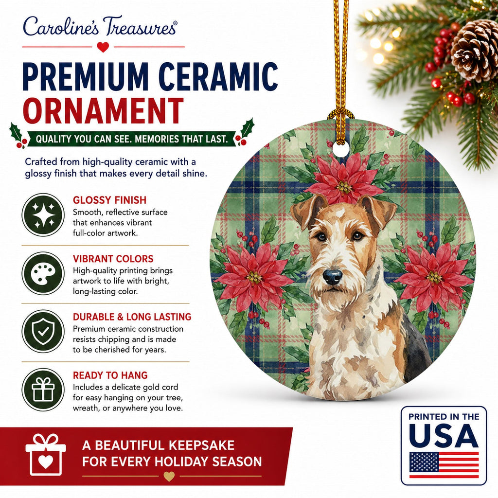 Wire Fox Terrier Christmas PoinsettIas Ceramic Ornament Christmas Tree Hanging Decorations for Home Christmas Holiday, Party, Gift, 3 in, Multicolor