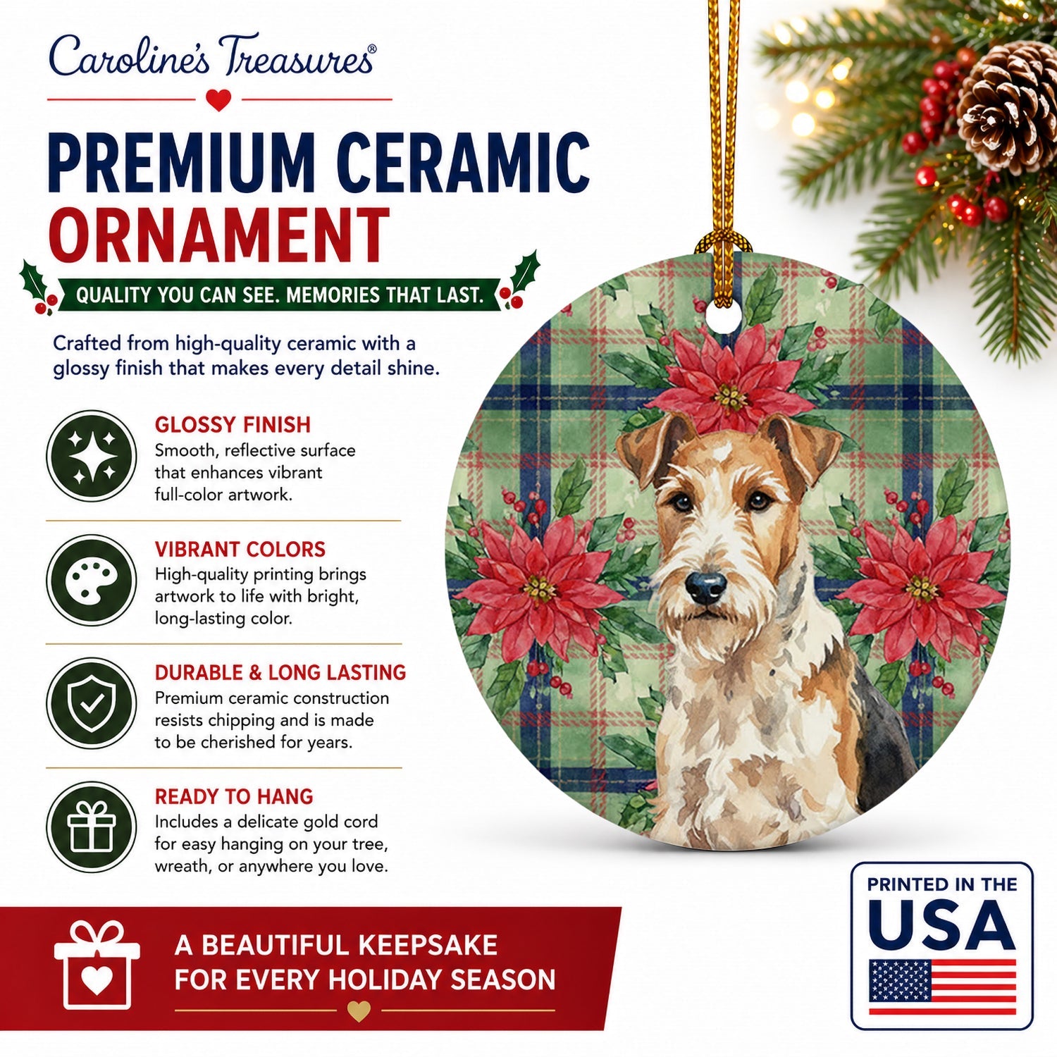 Wire Fox Terrier Christmas PoinsettIas Ceramic Ornament Christmas Tree Hanging Decorations for Home Christmas Holiday, Party, Gift, 3 in, Multicolor