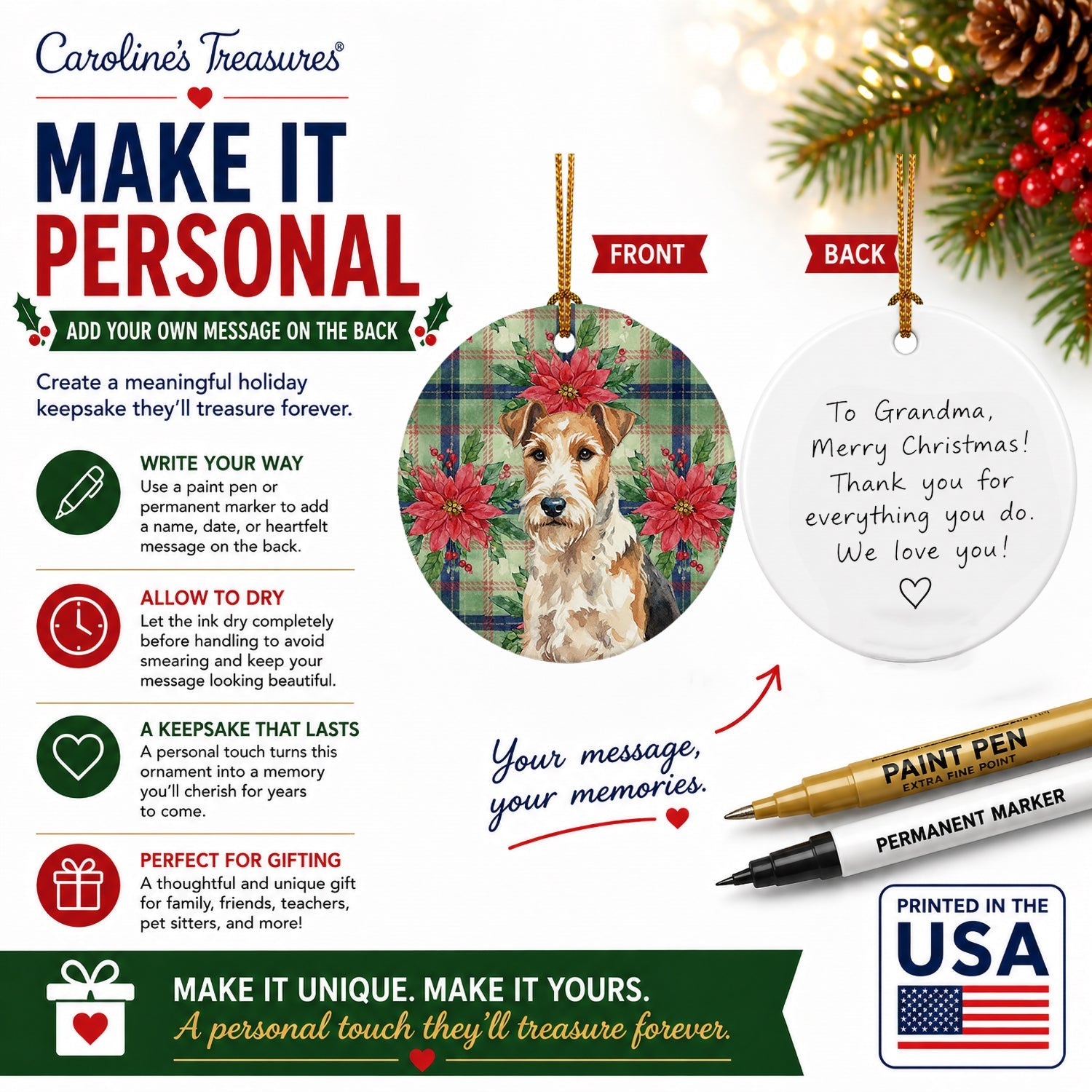 Wire Fox Terrier Christmas PoinsettIas Ceramic Ornament Christmas Tree Hanging Decorations for Home Christmas Holiday, Party, Gift, 3 in, Multicolor