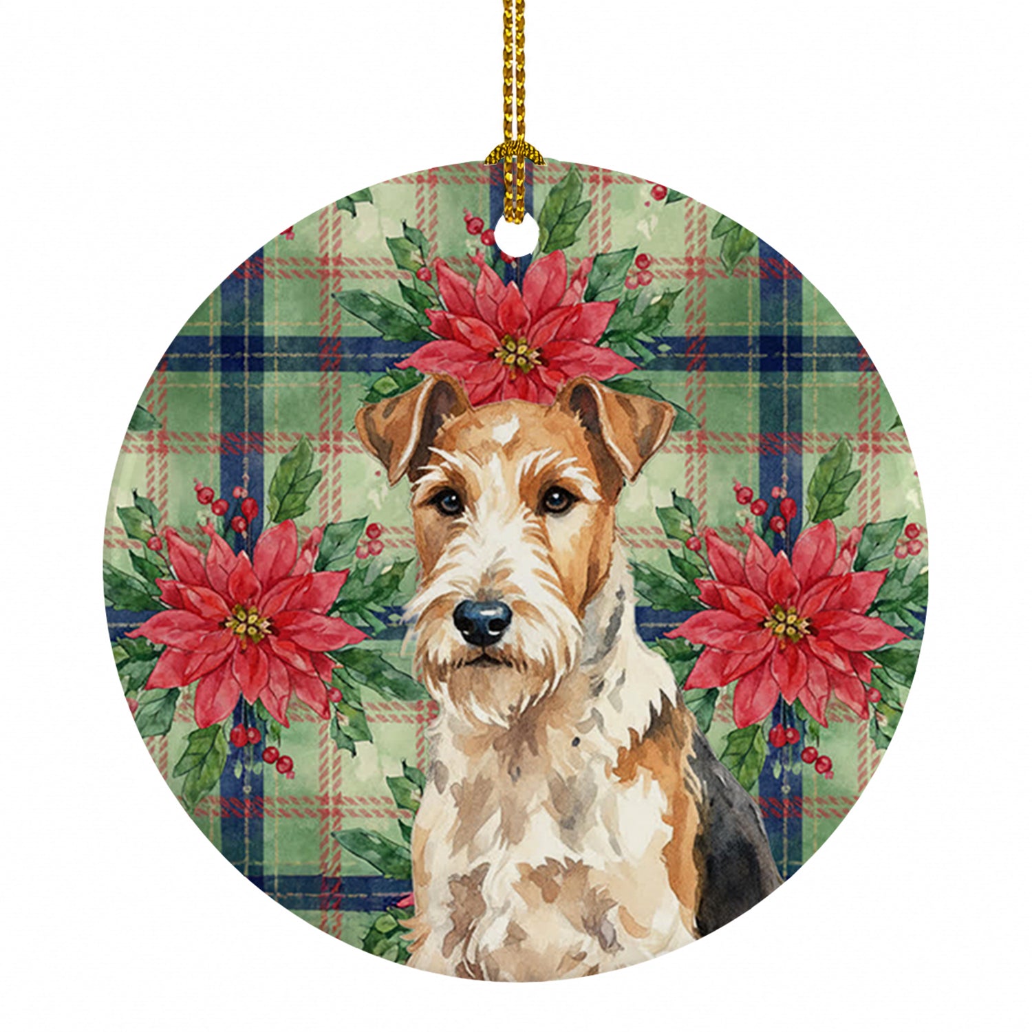 Wire Fox Terrier Christmas PoinsettIas Ceramic Ornament Christmas Tree Hanging Decorations for Home Christmas Holiday, Party, Gift, 3 in, Multicolor