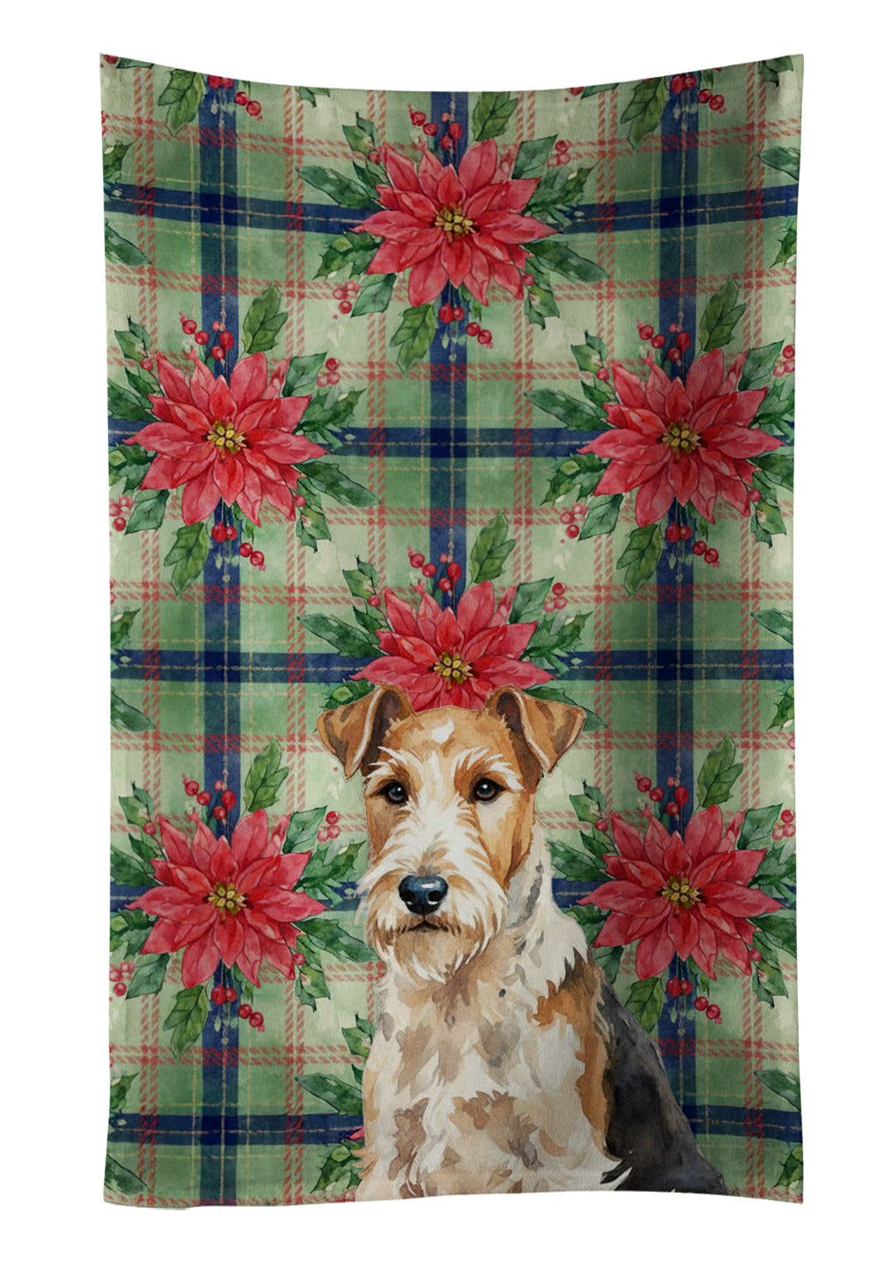Wire Fox Terrier Christmas PoinsettIas Kitchen Towel Velour Plush Front and Cotton Loop Back Machine Washable