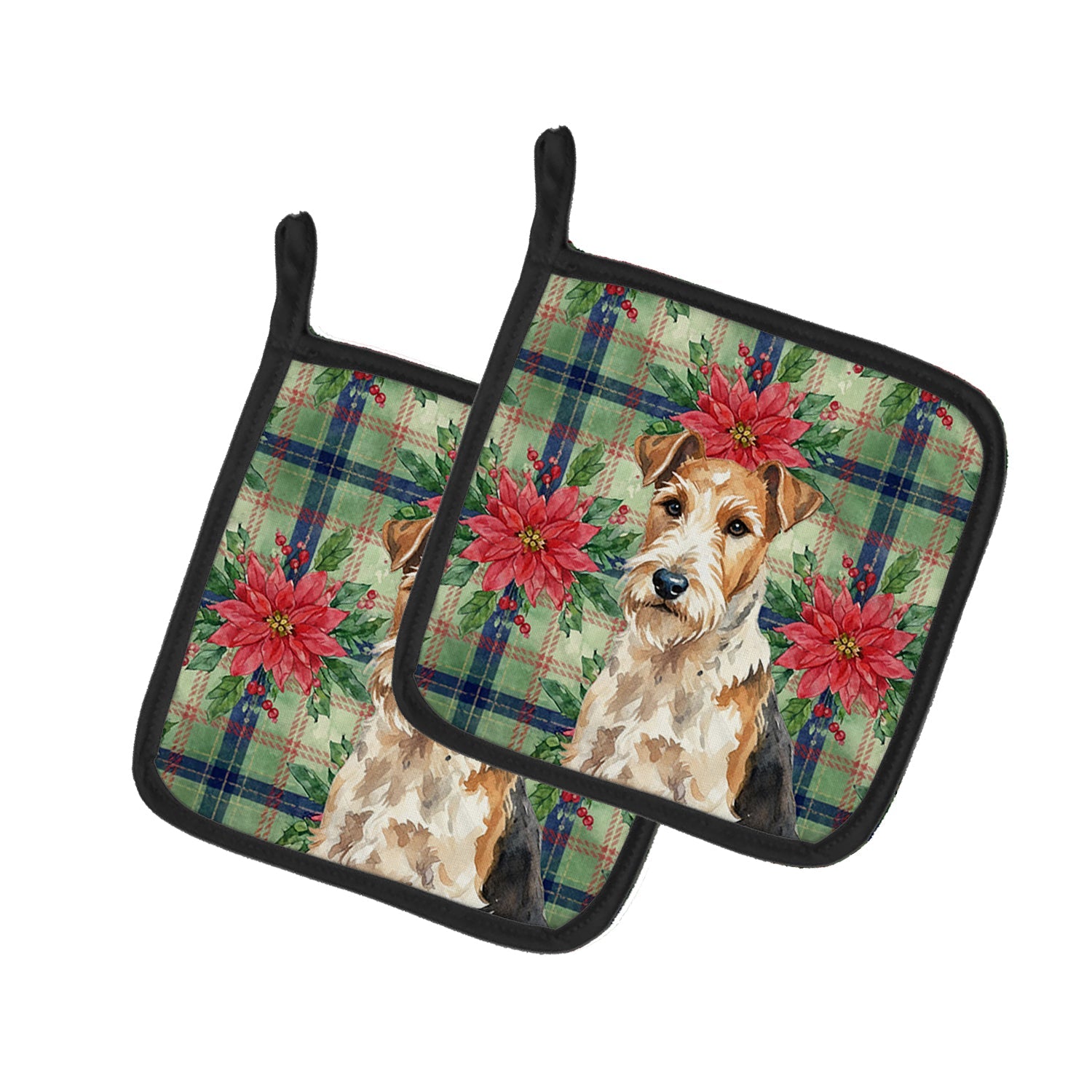 Wire Fox Terrier Christmas PoinsettIas Pot Holder Set of 2 Heat Resistant Quilted Hot Pads 7.5 x 7.5 Inch, Insulated Kitchen Trivets for Cooking & Baking