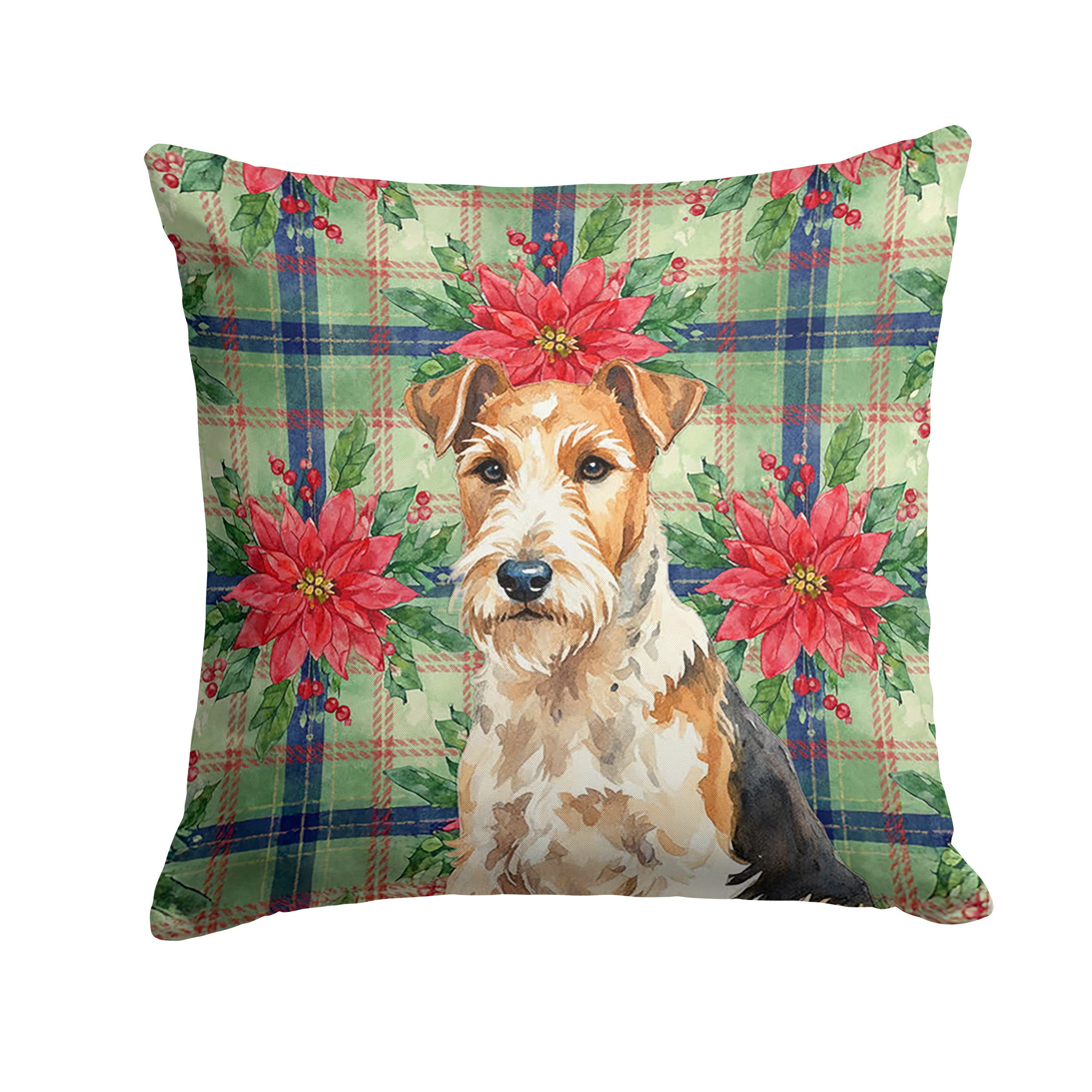 Wire Fox Terrier Christmas PoinsettIas Decorative Throw Pillow 14x14 Indoor Outdoor Accent Cushion, Fabric Cover with Insert for Sofa, Bed, Porch & Living Room